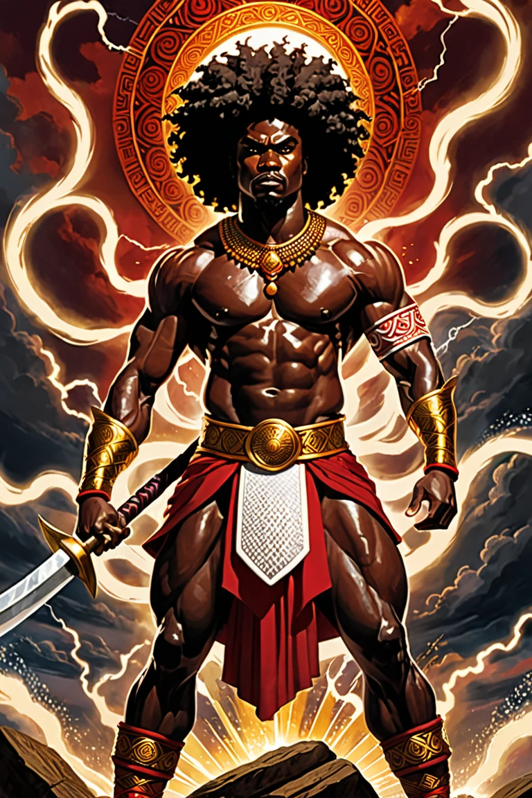 a painting of a muscular man with a spear and a large body of water, The God Poseidon, The God of the Sea, brown loincloth, golden crown, The God Hades, Poseidon, Charon, ((blue skin)), The Boatman of Hades, God of the Ocean, God of the Underworld, Hades, God Shiva the Destroyer, Furious God Zeus, Like an Atlantean, veiny biceps, chiseled abs, muscular legs, rugged face, long hair in ponytail, masterpiece, 8k