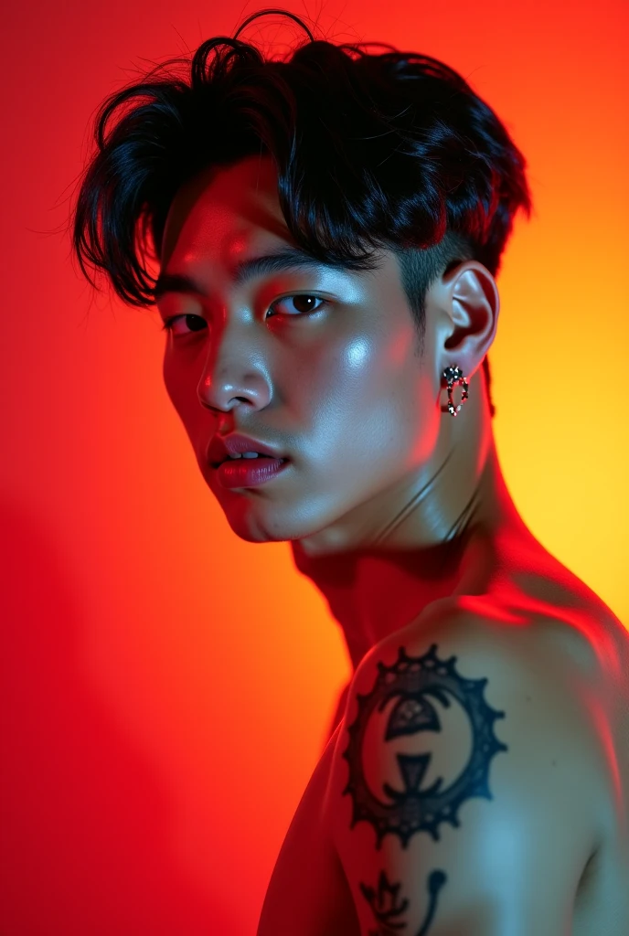 Hot Korean man with defined pink , shirtless , BDSM CLOTHE, front view, K-idol, hot , sexy , k-idol bdsm , BDSM, streeper , motel room , masterpiece
