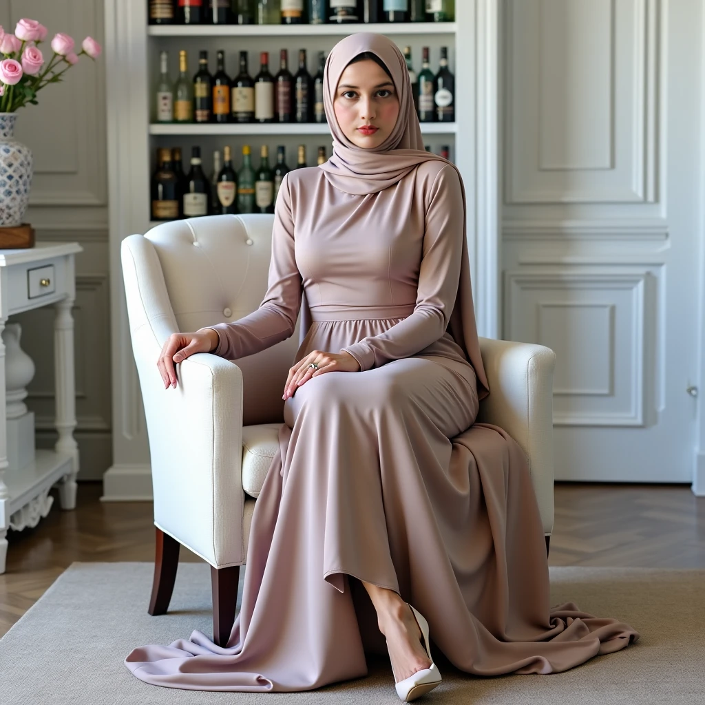 ( Close Up),RAW, Best quality, high resolution, masterpiece: 1.3), beautiful Malay woman in hijab,Masterpiece, perfect fit body, big breast,big gorgeous eyes, Soft smile,beutiful face,thick thighs, women in long dresses standing on a bench with flowers, long dress female, full covered dress, modest flowing gown, peach and goma style, flowing dress, dress, hijab, long dress, soft silk dress, wearing an elegant dress, 2 colours, malay , Excellent lighting, Bright colors, Clean lines,