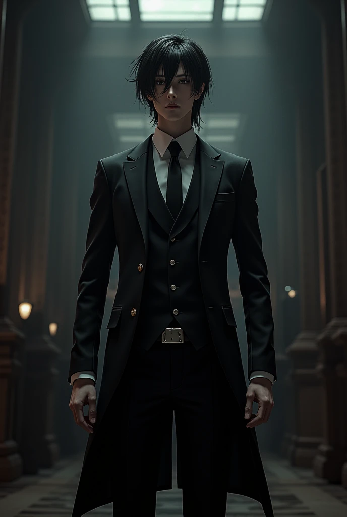 anime style, 25 years old, Brown skinned man, yandere look, yandere expression, Black hair, half of his body exposed, our point of view is crouching and looking at him from below, he looks down, he holds the leash, stands looking at us, long black pants, Without a top, abs are visible