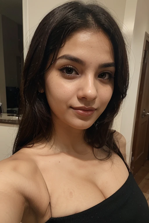 instagram photo, closeup face photo of 23 y.o Chloe in black sweater, cleavage, morena skin, (smile:0.4), hard shadows