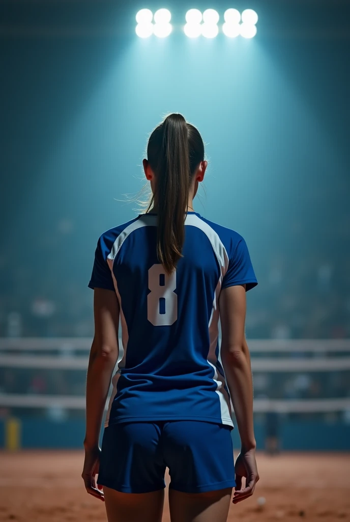 Make a picture of a realistic 20 year old Chilean girl, who wears a volleyball uniform with a light blue short-sleeved T-shirt and towards the center (chest) degrade a azul rey , with black shorts (similar to shorts), with royal blue sleeves that cover from the wrist to the elbow, and white knee pads please