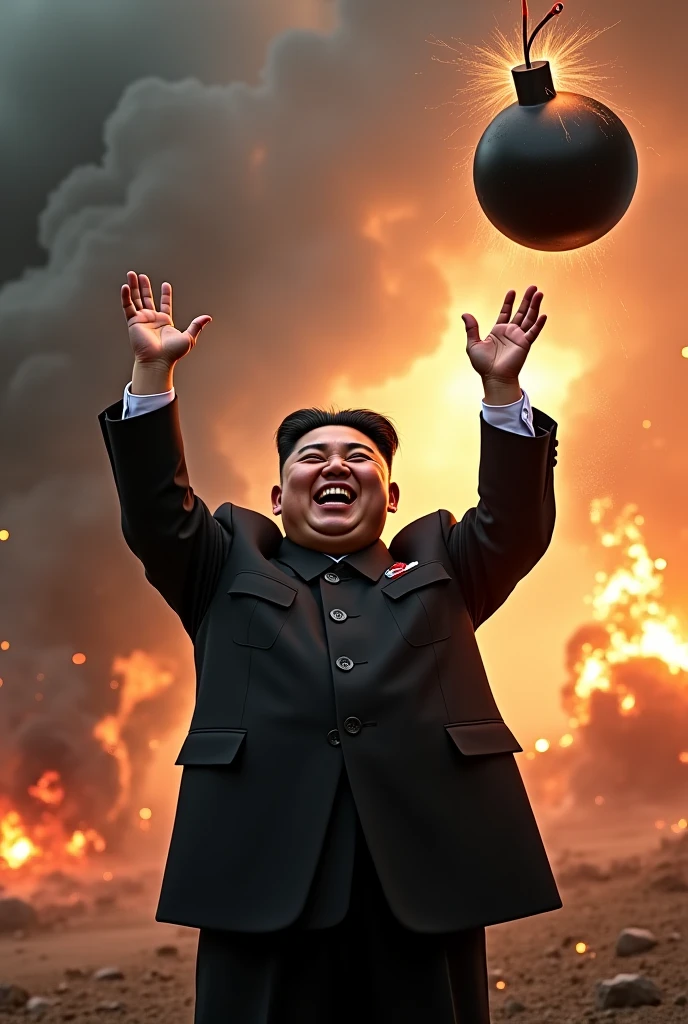 There is a boy. His face looked like Kim Jong Un's and he wore glasses.. Sitting on the floor with a soccer ball, North Korean propaganda style, Kim Jong Un, Kim Jong Un, Kim Jong Un, North Korea, The monster that destroyed Pyongyang, official artwork, Wojtek FUS, kim jung giu, Kim Joong Ki style, Nuclear War, in front of a nuclear explosion, nuclear art, new generation