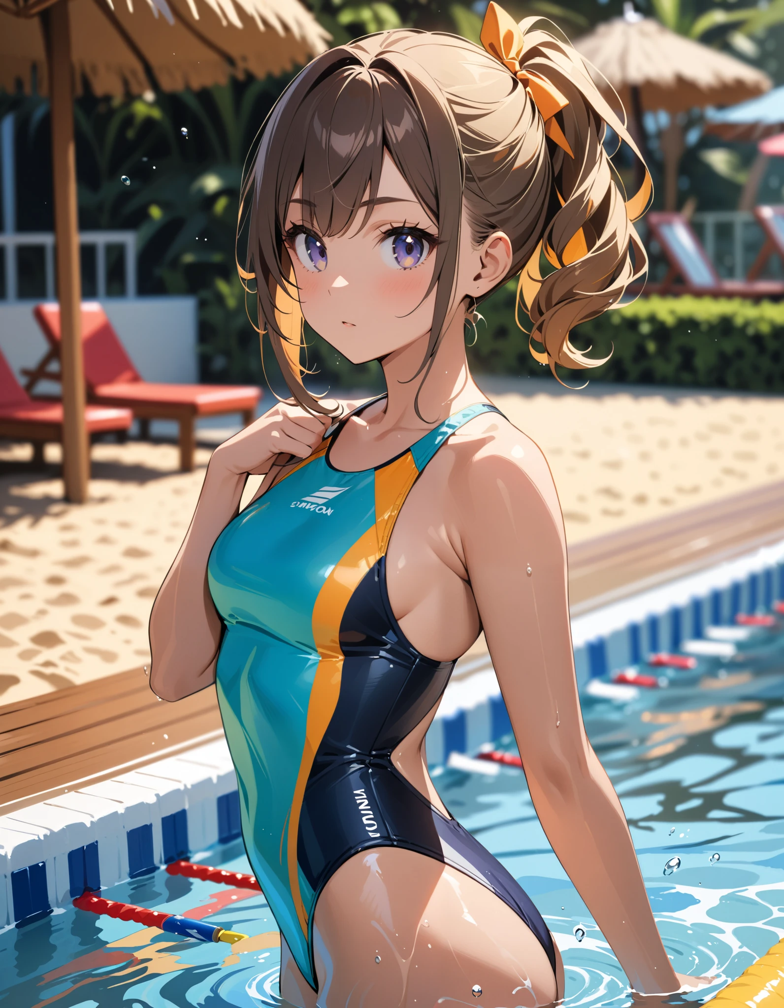 ((Highly detailed CG, anime image, art CG))((Clearly drawn face, cowboy shot))((Smiling face))(Indoor pool), Jessica Albert (Dragon Quest), 1 girl, competitive swimsuit, orange short pigtails, more prisms, vibrant colors, standing pose, full body, glamorous