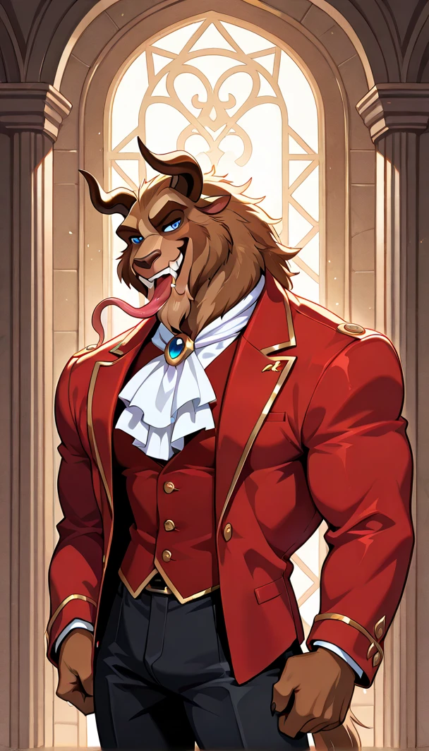 (by Darkgem, by Oouna, by honovy, By TheBigSlick, By phinnherz), male,Very strong but very craving in face old beast (disney), verg light, solo, daddy, BREAK, Very hair chest, front view, clothed, open clothing, wearing victorian suit, suit, fancy, bottomwear, muscular, horn,one tail, verg lion tail, cathedral, moonlight, night, holding object,beast in teeth, bulge, huge cock, big penis, Cum, verg holding pink_penetrating, eyes brown, fur brown