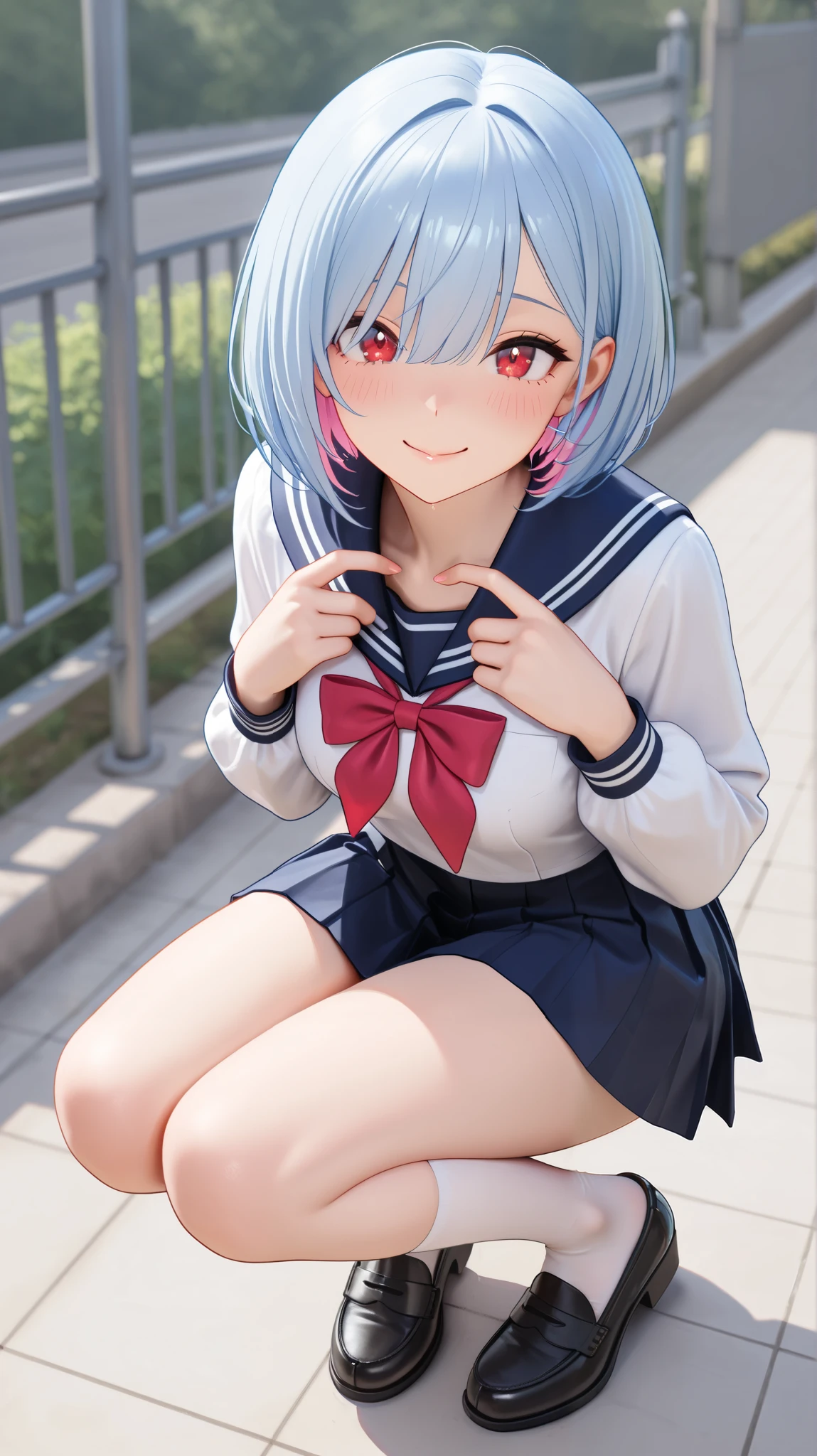 ( Ultra Detailed, masterpiece , top quality, 8k, very aesthetic, realistic and detailed CG , sharp concentration , Super Fine), full body,cute woman, ( school sailor suit that you can fan with a skirt) beautiful eye detail, textured skin, beautiful skin on hands, Long Lashes, red eyes, round eyes), ( beautiful hair with great attention to detail , one eye is hidden by bangs, bob hair, Light Blue Hair Color,pink inner hair color ), (smile), ( thin lips, beautiful feet,)school gate,Outside school