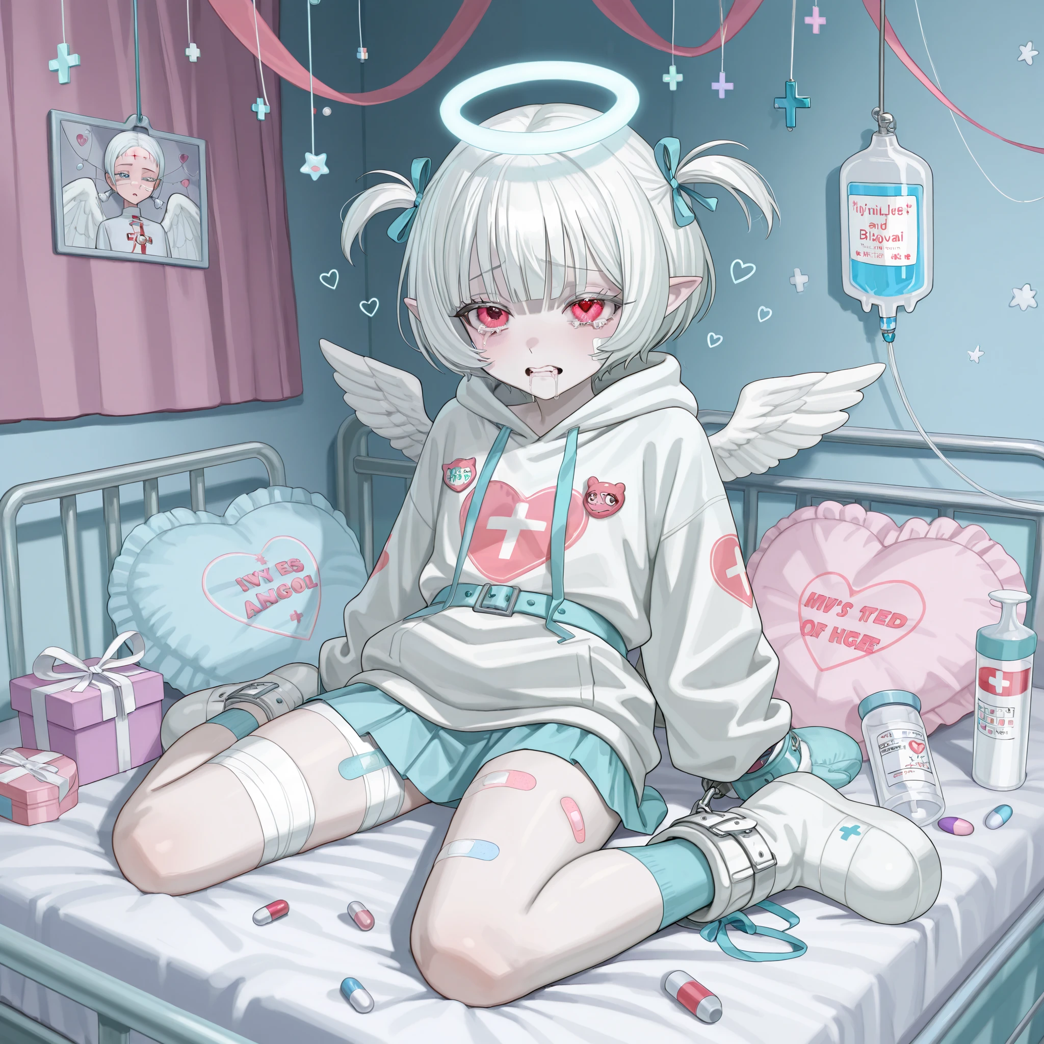 The girl is albino, she has white skin and slightly pointed ears, her eyes are navi blue , and her eyelashes are white. She has short white hair short bob haircut and has small pigtails on the sides of her head. She is wearing a baby-blue oversized hoodie with long sleeves, white wool mini skirt,blue and white socks and leggings with a set of badges, white ugg boots,mittens,bandages on the thigh. She belongs to the Yamikawaii subculture, so her outfit is decorated with small bandaged wounded angel wings, symbols of medical crosses, eyeballs, hearts, stars, pills,medical bottles, ampoules with medicines, IV drip with tubes ,models of teeth, band-aids, and toy syringes. On the background: a cute pastel baby-blue/lilac medical ward with medical bed surrounded by plush pillows and open empty gift boxes, ribbons hang from the ceiling. she lies on the bed, bound with medical belts, drooling and crying.