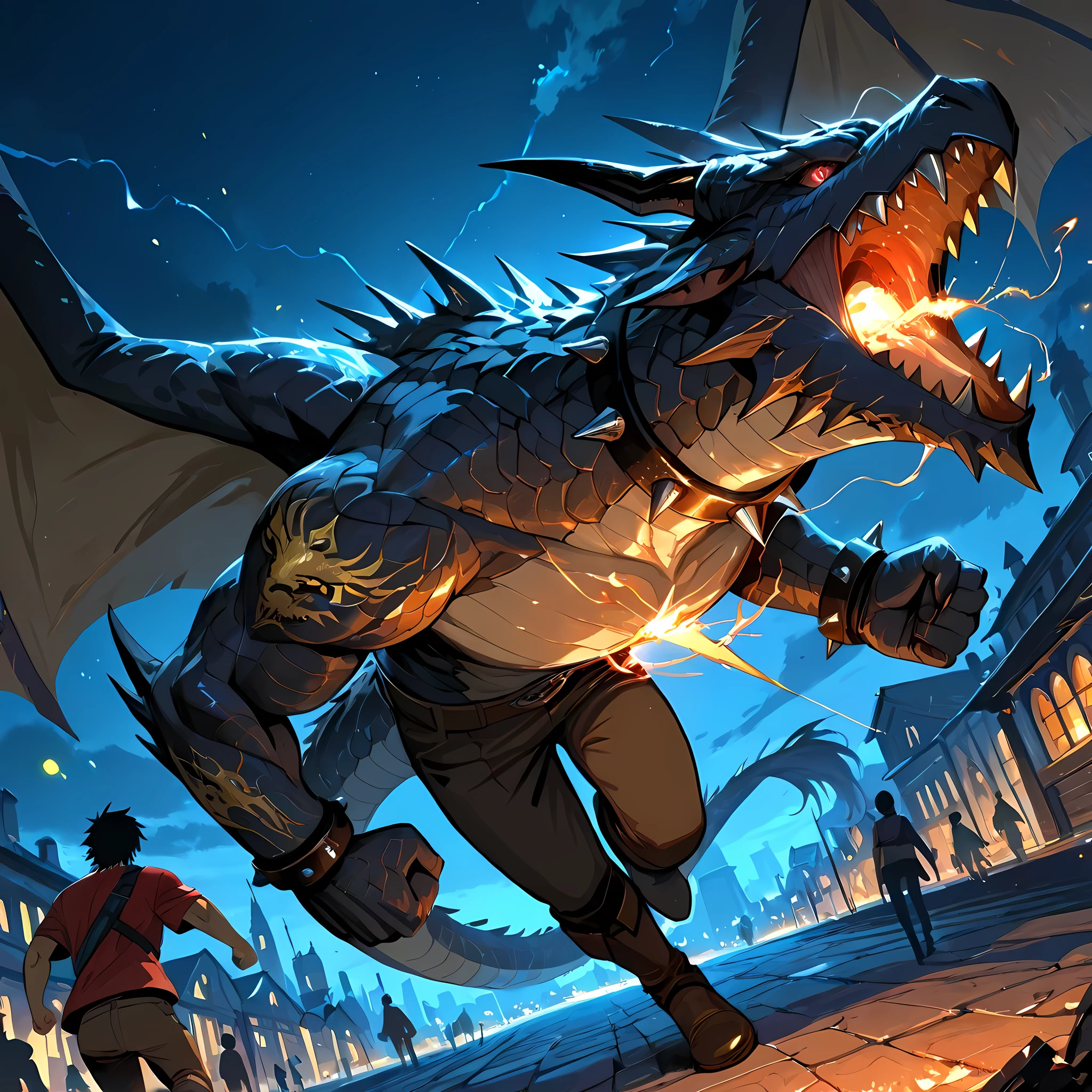 (a man similar to Gray Fullbuster, developed physique, worn red shirt tightening his chest, long brown pants, man clenching his fists and in battle pose, brown leather boots, spiked collar, red eyes, dragon eyes, dragon tattoo on his right arm, bronze bracelets), BREAK, ten meter tall crawling dragon in front of a man, brown dragon with spikes on its back and purple eyes, dragon preparing black flames in its mouth, dragon with steel tail with spikes, dragon walking slowly towards the hero, fireflies around the dragon | (best image quality, masterpiece, Full HD, scenery rich in detail, color balance, night sky, city devastated by the battle against the dragon, people running in the distance, better shading, lighting balance), BREAK, ((a man against a dragon:1.5)), angle behind the hero, focus on the dragon in epic anime fantasy style, epic scenery, spectator's point of view.
