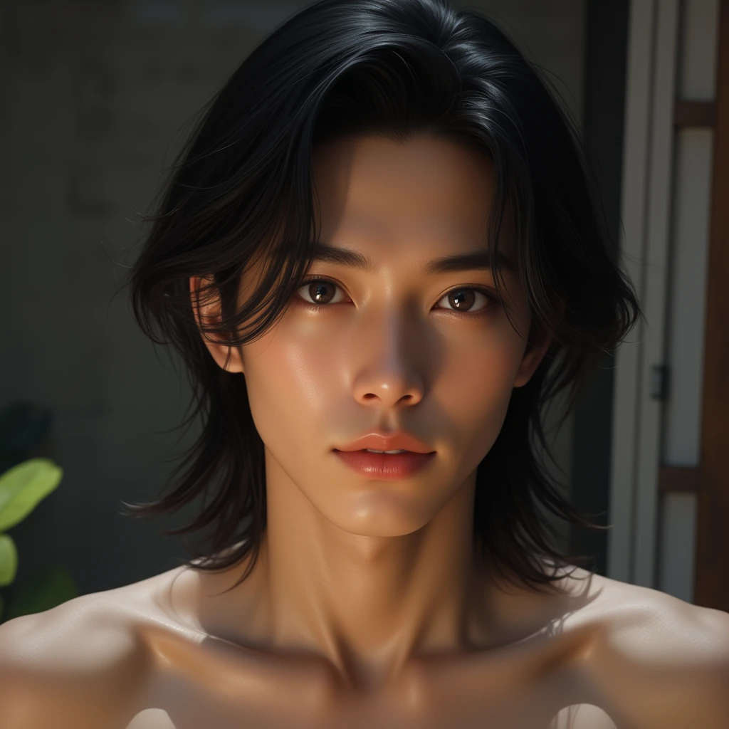 ((masterpiece)),((bestquality)),8k,high detailed,ultra-detailed,depth of field,wide angle,1boy,handsome_face,male focus,solo,beautiful_hand,Random_Expression,Stylish_Pose,cinematic shot,cinematic lighting,watch to the viewer,straight hair,Unmatched Details,Short_hair,Black_hair,(Only a boy in the picture:1.3),The Art of Action,Artist,(topless male:1.4),
