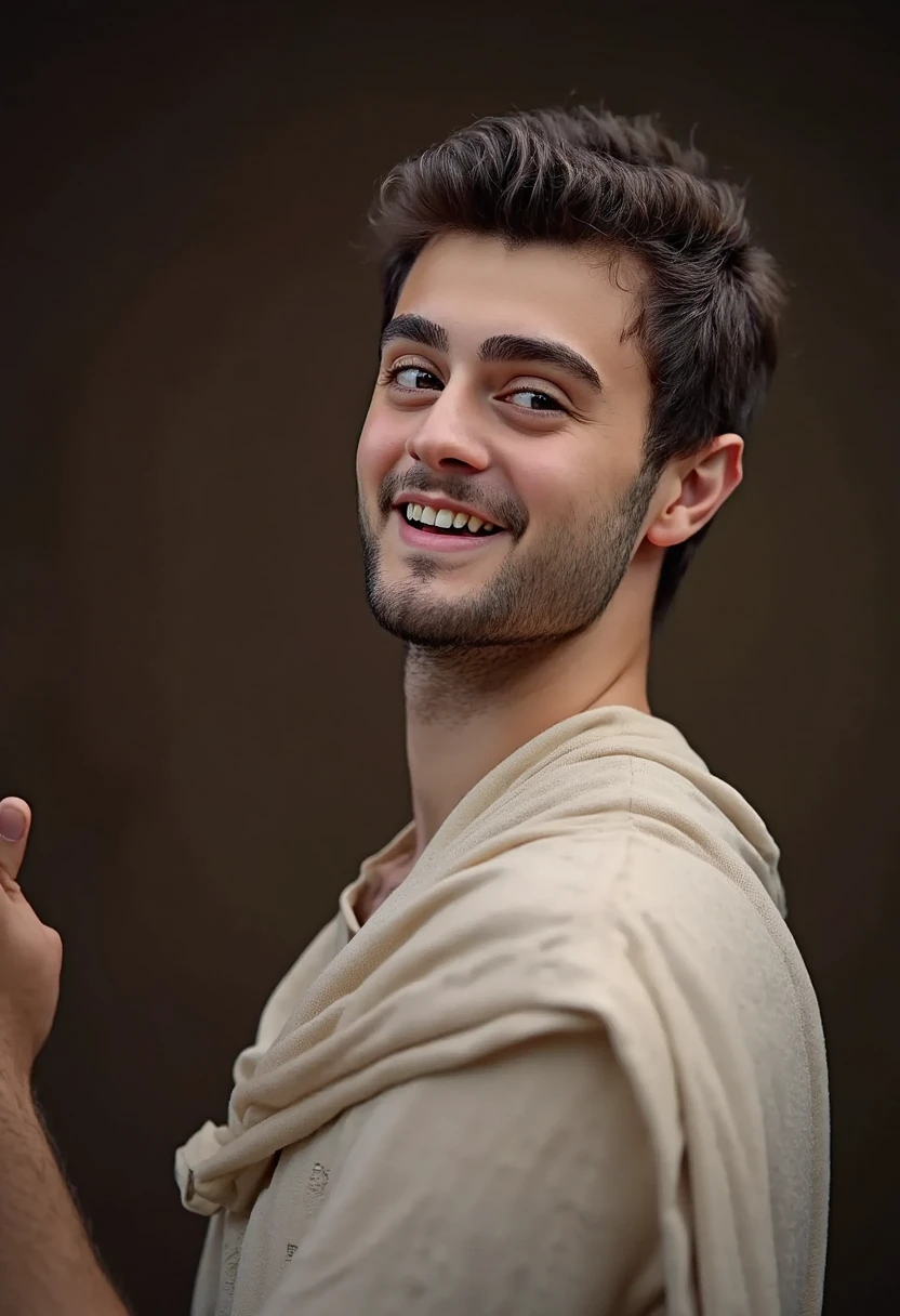 perfect italian man, wearing, posing, smile, view on the architecture, short hairstyles light hairin on the architecture on character's face