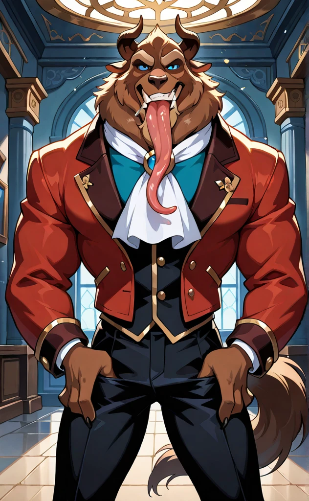 (by Darkgem, by Oouna, by honovy, By TheBigSlick, By phinnherz), male, beast (disney), solo, rear view, clothed, clothing, wearing victorian suit, suit, fancy, bottomwear, muscular, horn, tail, lion tail