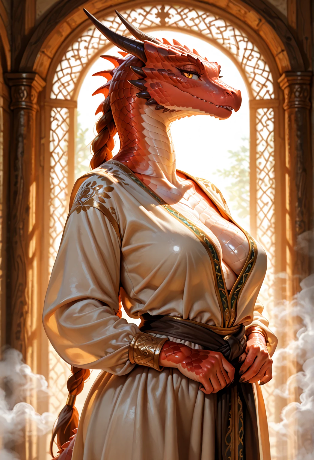 ((Beautiful furry dragon feminine with a perfect figure beautiful breasts and hips, very elaborate scales, dressed in dress style"Old money", she stands a meter away from the viewer, eats cum pie)), ((Up to detail, in detail, Ultra realistic 8k graphics, Best quality))