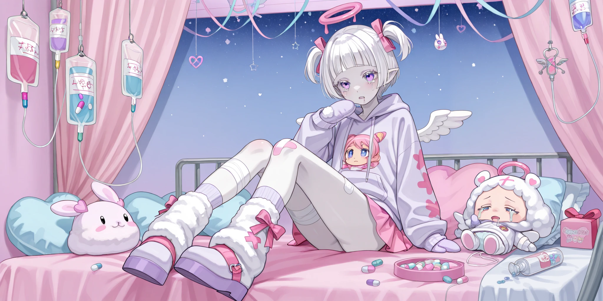 The girl is albino, she has white skin and slightly pointed ears, her eyes are indigo blue , and her eyelashes are white. She has short white hair short bob haircut and has small pigtails on the sides of her head. She is wearing a pastel pink/baby-blue/lilac oversized hoodie with long sleeves, white wool mini skirt,pastel pink/baby-blue/lilac and white socks and leggings with a set of badges, white ugg boots,mittens,bandages on the thigh. She belongs to the Yamikawaii subculture, so her outfit is decorated with small bandaged wounded angel wings, symbols of medical crosses, eyeballs, hearts, stars, pills,medical bottles, ampoules with medicines, IV drip with tubes , dental models, band-aids, and toy syringes. On the background: a cute pastel pink/baby-blue/lilac medical ward with medical bed surrounded by plush pillows and open empty gift boxes, ribbons hang from the ceiling. she lies on the bed, drooling and crying.