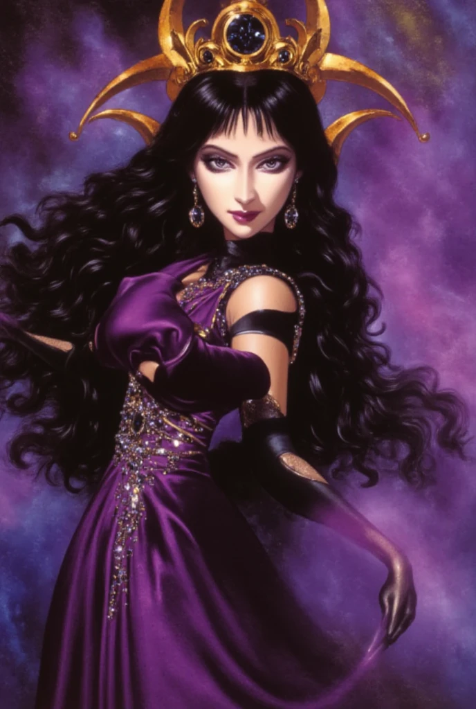 (full body shot: 1:1) high quality, highly detailed, Style: Illustration inspired by the artwork of Joe Benitez and Frank Frazetta, blending retro-Victorian steam punk aesthetic with Frazetta's dynamic and epic fantasy style. Beautiful Persian women with caramel skin. Her skin is as dark as the deepest shadows. It exudes a faint iridescence, giving the impression that she is cloaked in an ever-shifting veil of darkness. Her hair is a cascade of inky black, seemingly woven from the night itself, and it tumbles in dark, seductive waves that appear to absorb the surrounding light. Her eyes are a piercing, intense shade of amethyst.