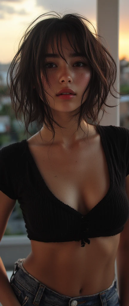 Realistic photos, 8k ,Handsome young Korean femboy with bob cut,(Ultra-realistic), (figure), (High resolution), (8k), (Very detailed), (Best figure), (Beautiful fine details), (highest quality), (Super detailed), (masterpiece), (wallpaper), (Detailed face), ((whole body)),alone,Black hair bob cut,Face is a girl,A man in a black tank top, Transgender,Korean,Sweaty, big, (Camel Toe)
 , short hair , close