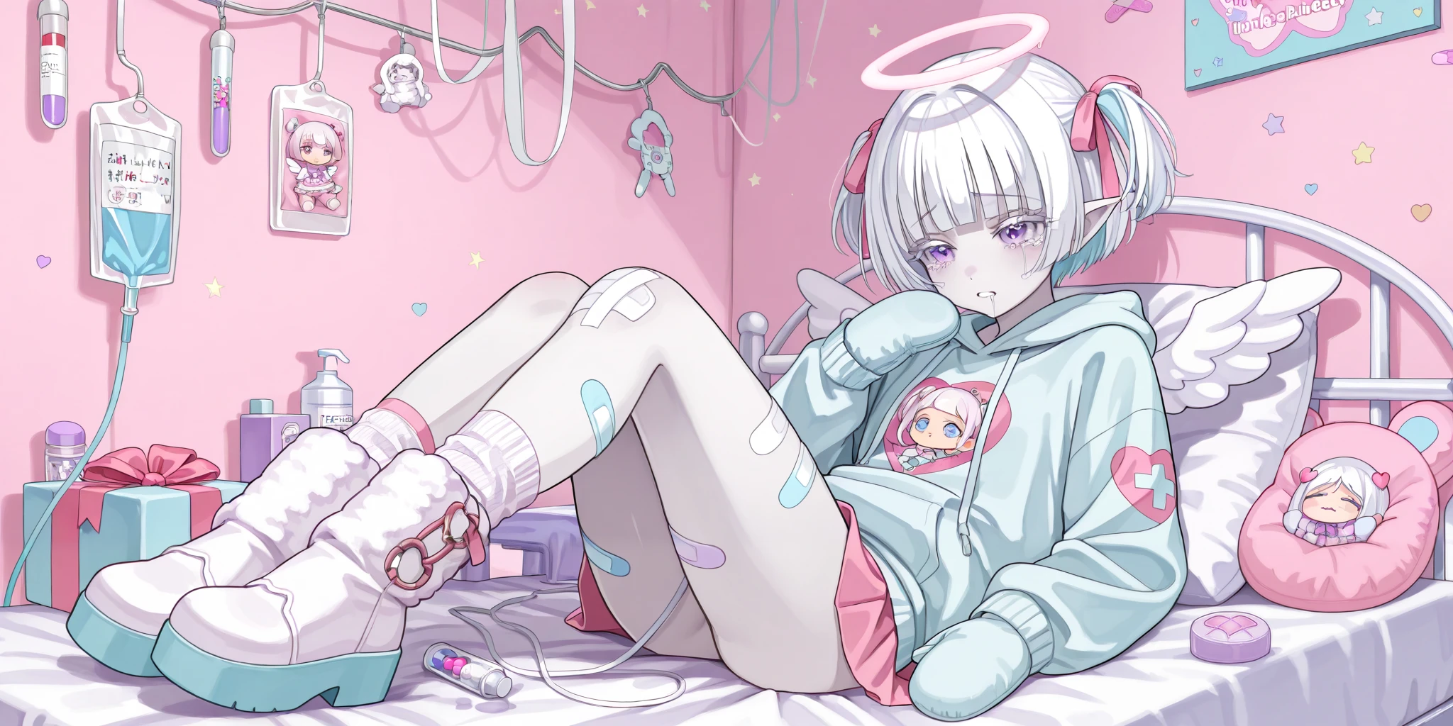 The girl is albino, she has white skin and slightly pointed ears, her eyes are indigo blue , and her eyelashes are white. She has short white hair short bob haircut and has small pigtails on the sides of her head. She is wearing a pastel pink/baby-blue/lilac oversized hoodie with long sleeves, white wool mini skirt,pastel pink/baby-blue/lilac and white socks and leggings with a set of badges, white ugg boots,mittens,bandages on the thigh. She belongs to the Yamikawaii subculture, so her outfit is decorated with small bandaged wounded angel wings, symbols of medical crosses, eyeballs, hearts, stars, pills,medical bottles, ampoules with medicines, IV drip with tubes , dental models, band-aids, and toy syringes. On the background: a cute pastel pink/baby-blue/lilac medical ward with medical bed surrounded by plush pillows and open empty gift boxes, ribbons hang from the ceiling. she lies on the bed, drooling and crying.