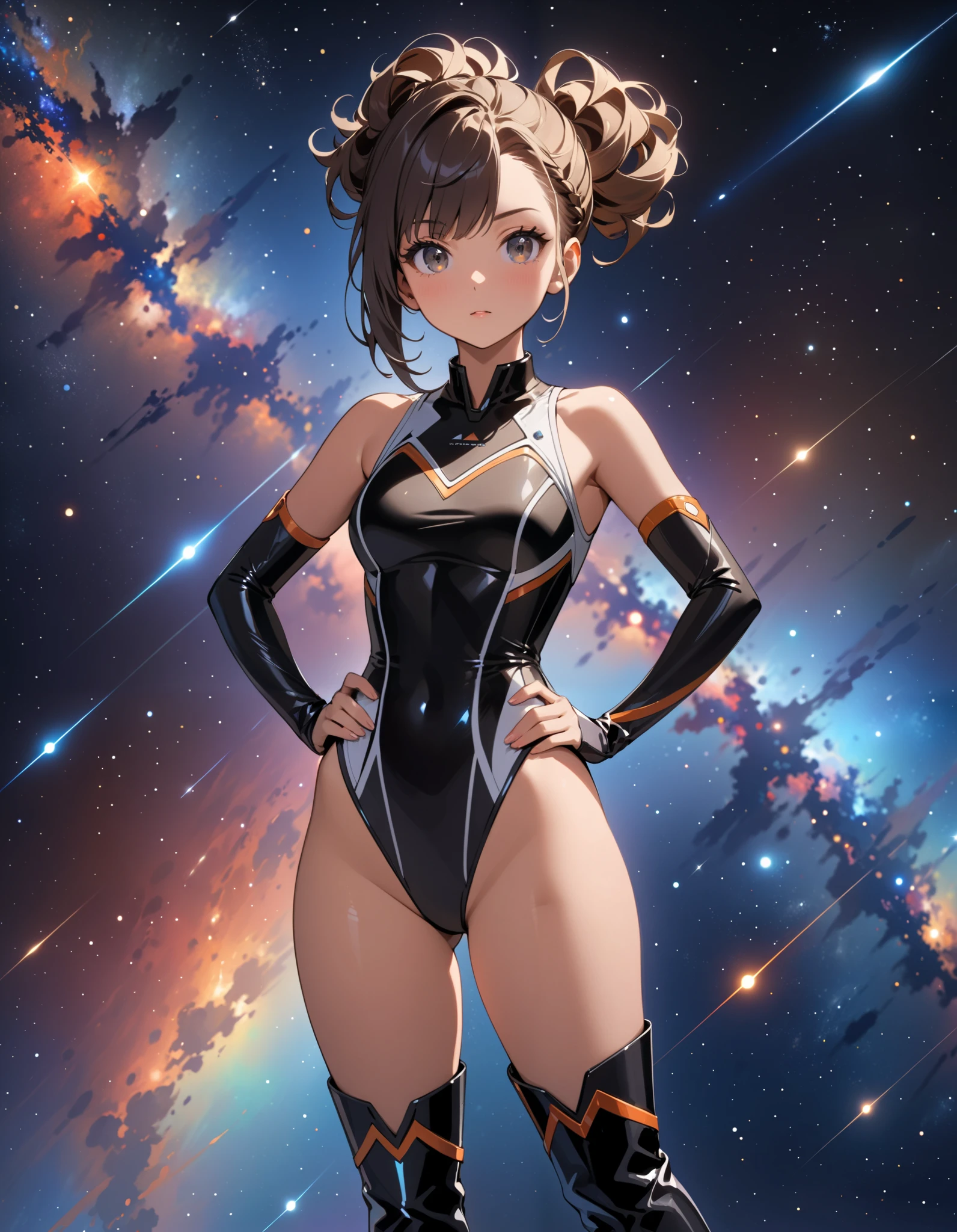 (((pixel-perfect, detail-perfect))), 1girl, superhero, leotard, highleg leotard, bare legs, boots, standing straight, solo focus, golden belt, hands on hip, full body shot, outer space, sleeveless, ultra highres, absurdres, beautiful face, detailed eyes, symmetric eyes, perfect body, good proportions, mature lady, black hair, medium hair, light swirls around her body