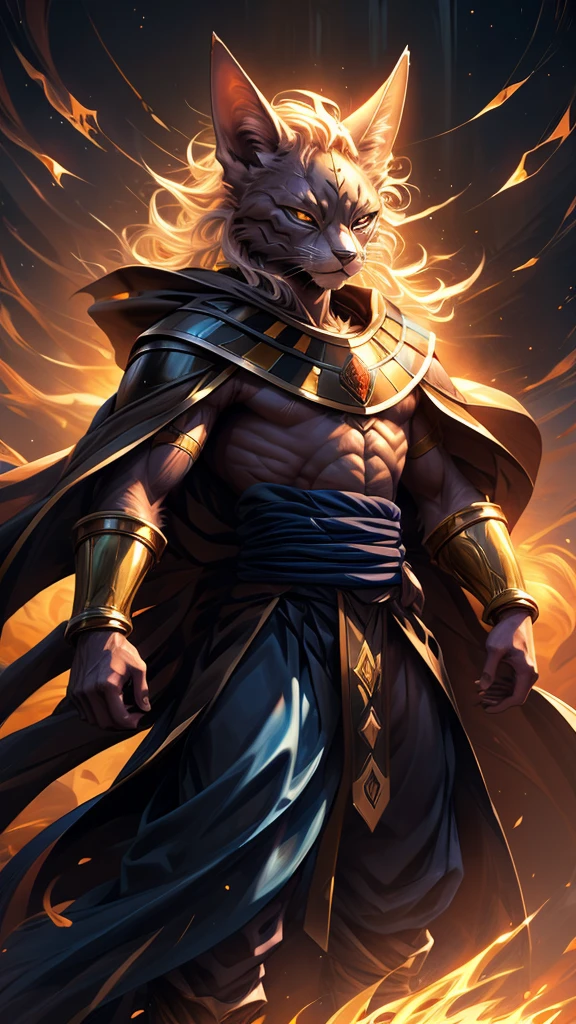 1male, solo focus, standing, furred dragon, white and gold hair, very long hair, curly hair, yellow body, red eyes, halfbody, wearing sun-themed glittery shawl sleeves and loincloth with gold trim