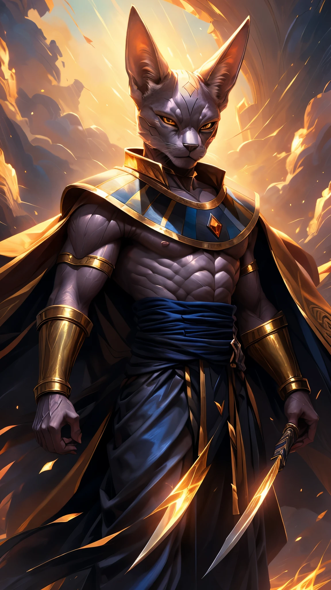 A full-body illustration of a furry art character inspired by Beerus from the game dragonball, detail character, drawn in a high-quality anime style, The character is a muscular anthropomorphic cat with red-white fur, (Realistic eye details 1.2), sharp and authoritative eyes, and a confident yet elegant expression, He wears a highly detailed knight’s armor adorned with intricate engravings, gold and red accents, and a long flowing cape that billows majestically, His armor features ornate carvings that reflect the grace and grandeur of a noble warrior, He wields a massive sword with a complex design, its blade glowing with a mystical blue-gold energy, and its hilt adorned with a radiant gemstone, The background showcases a grand medieval castle bathed in the golden hues of a dramatic sunset, casting a warm glow on his armor, creating an epic lighting effect. Winds swirl around the character, causing his cape and hair to flow elegantly, The illustration is in a highly detailed anime style, featuring a rich and harmonious color palette, cinematic lighting effects, and finely textured details to create a breathtaking and visually stunning masterpiece, A close-up of highly detailed, realistic eyes in an anime-inspired furry art style, The eyes are sharp, vibrant, and expressive, with rich color depth and natural reflections. The irises have a smooth gradient, and the pupils are well-defined, creating a lifelike and captivating gaze, Soft lighting and subtle highlights enhance clarity, making the eyes stand out vividly