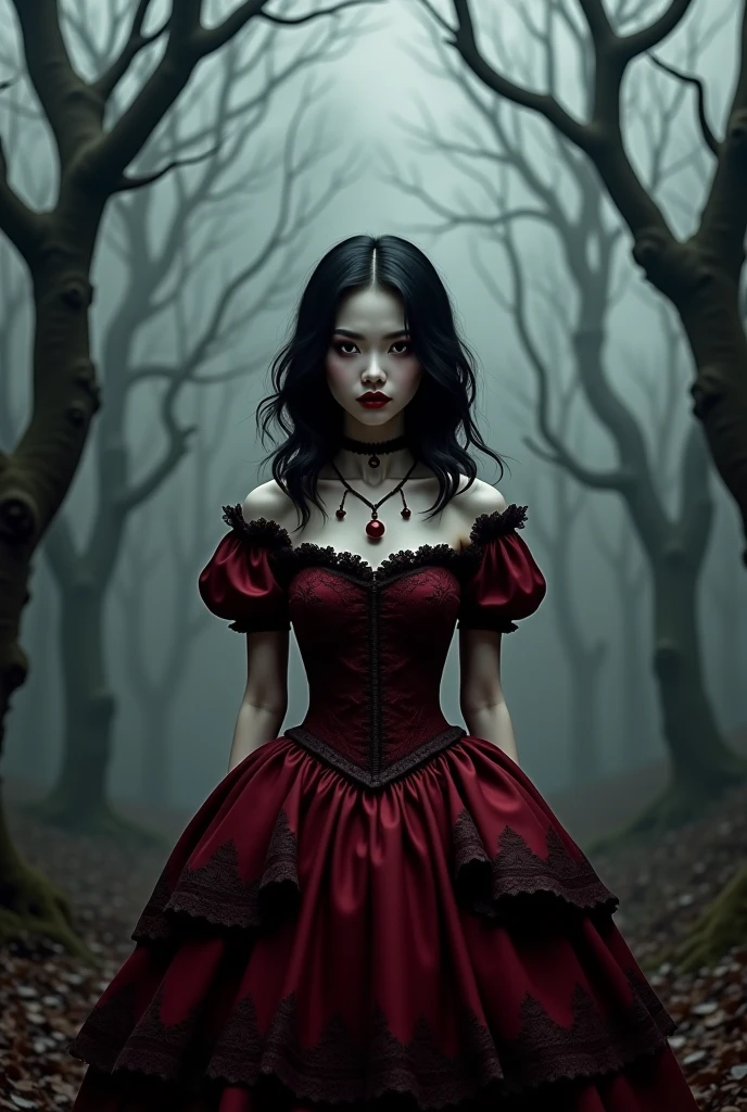 An 1 you woman with long strait black hair, pale skin, a height of 5’2, wearing a crimson colored dress, with black leggings and shoes, wearing a white mask covering the whole face with upside down black hearts as the eyes, a round face
