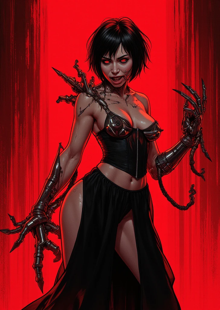 Megan fox as female carnage, (red carnage skinless muscular physique:1.25), (carnage anatomy with exposed muscles and veins:1.25), (hair tentacles:1.25), (mouth wide open with tongue out, carnage style), standing atop a high skyscraper at night, Realistic, Very detailed face and eyes, (masterpiece:1.1), (best quality:1.1), (beautiful girl face:1.45)