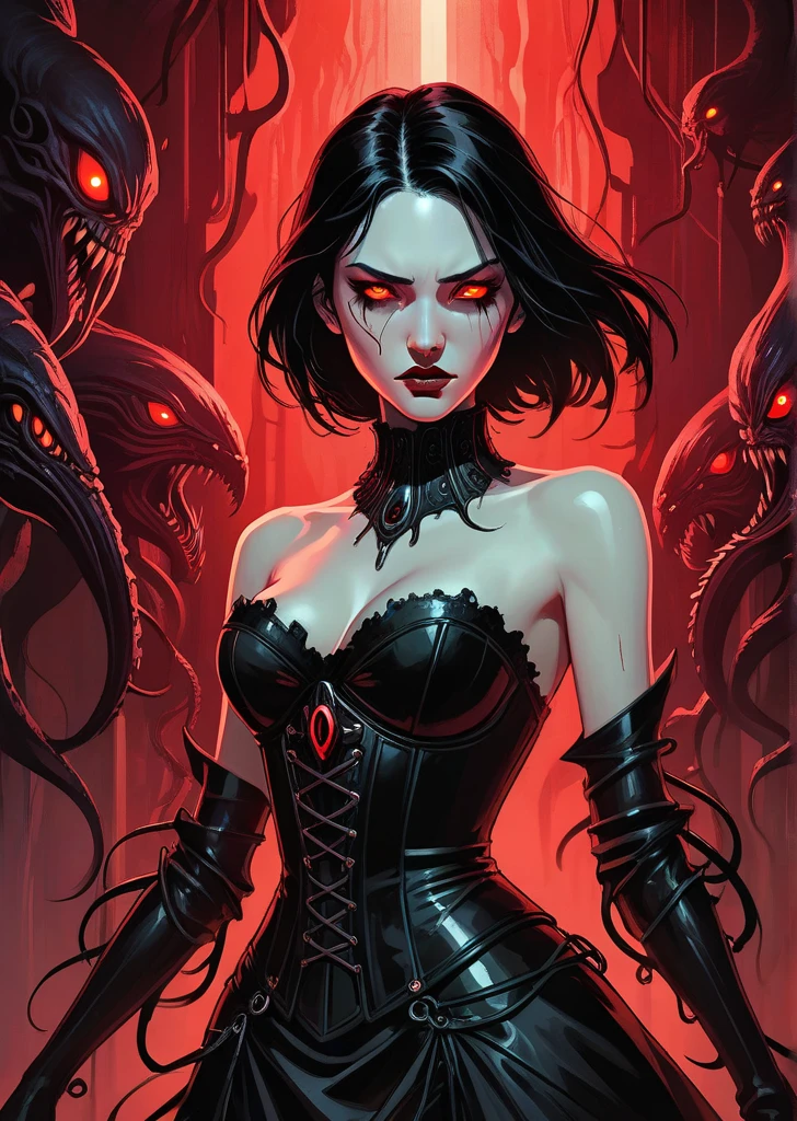  vampires, thick black hair pale skin, Eyes red, Red lips, Black armor with red details, with pointy ears, dark, dark Castle, fully body