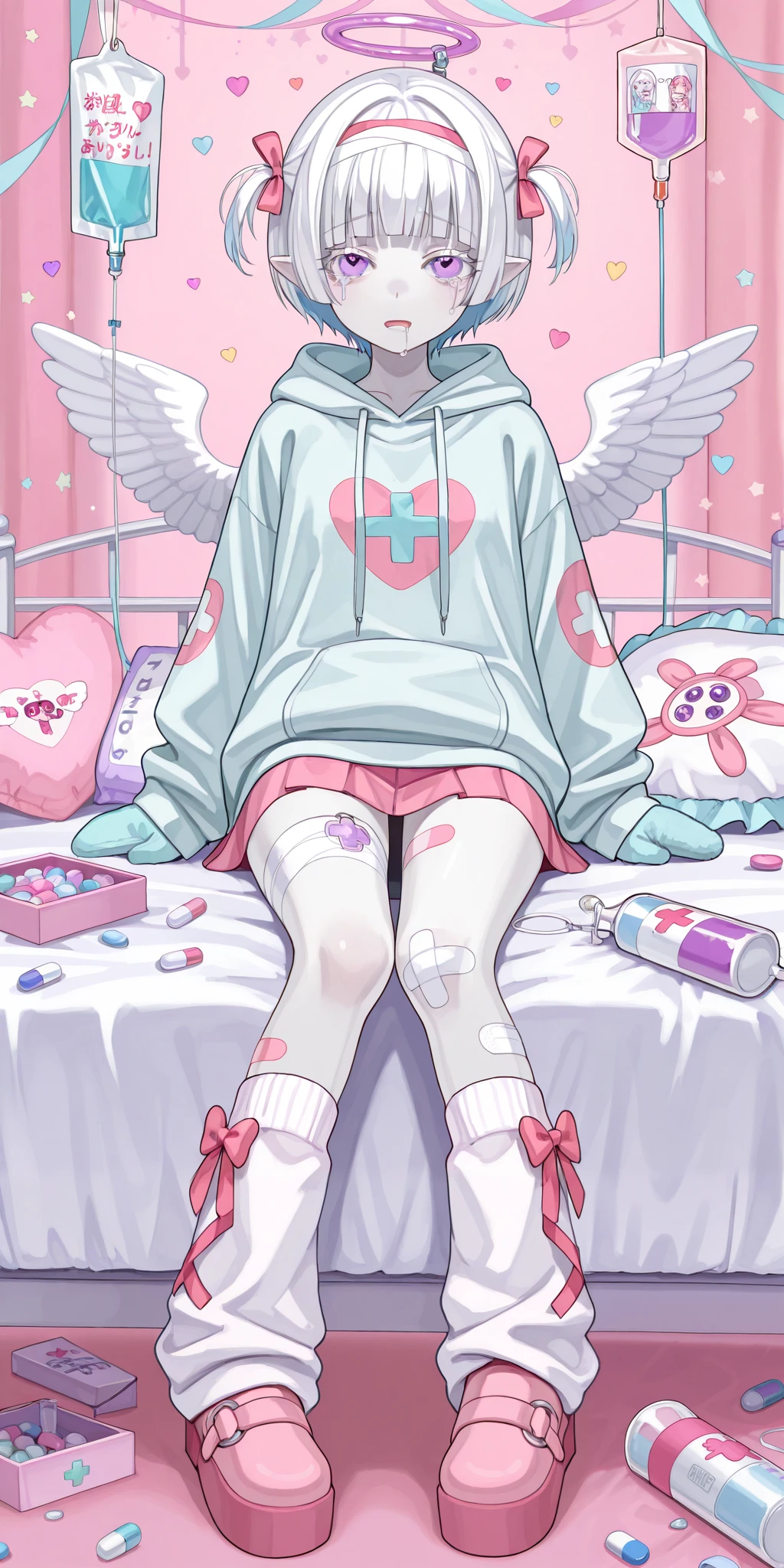 The girl is albino, she has white skin and slightly pointed ears, her eyes are indigo blue , and her eyelashes are white. She has short white hair short bob haircut and has small pigtails on the sides of her head. She is wearing a pastel pink/baby-blue/lilac oversized hoodie with long sleeves, white wool mini skirt,pastel pink/baby-blue/lilac and white socks and leggings with a set of badges, white ugg boots,mittens,bandages on the thigh. She belongs to the Yamikawaii subculture, so her outfit is decorated with small bandaged wounded angel wings, symbols of medical crosses, eyeballs, hearts, stars, pills,medical bottles, ampoules with medicines, IV drip with tubes , dental models, band-aids, and toy syringes. On the background: a cute pastel pink/baby-blue/lilac medical ward with medical bed surrounded by plush pillows and open empty gift boxes, ribbons hang from the ceiling. she lies on the bed, drooling and crying.