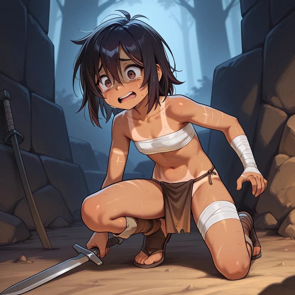 beautiful detailed eyes, beautiful detailed lips, extremely detailed eyes and face, long eyelashes, best quality, 8k, 12), 1 girl, Toph BeiFong, ultra detailed, Detailed lips, Young, blind, bun hair, Nude body, flat torso , full body , squatting, shy