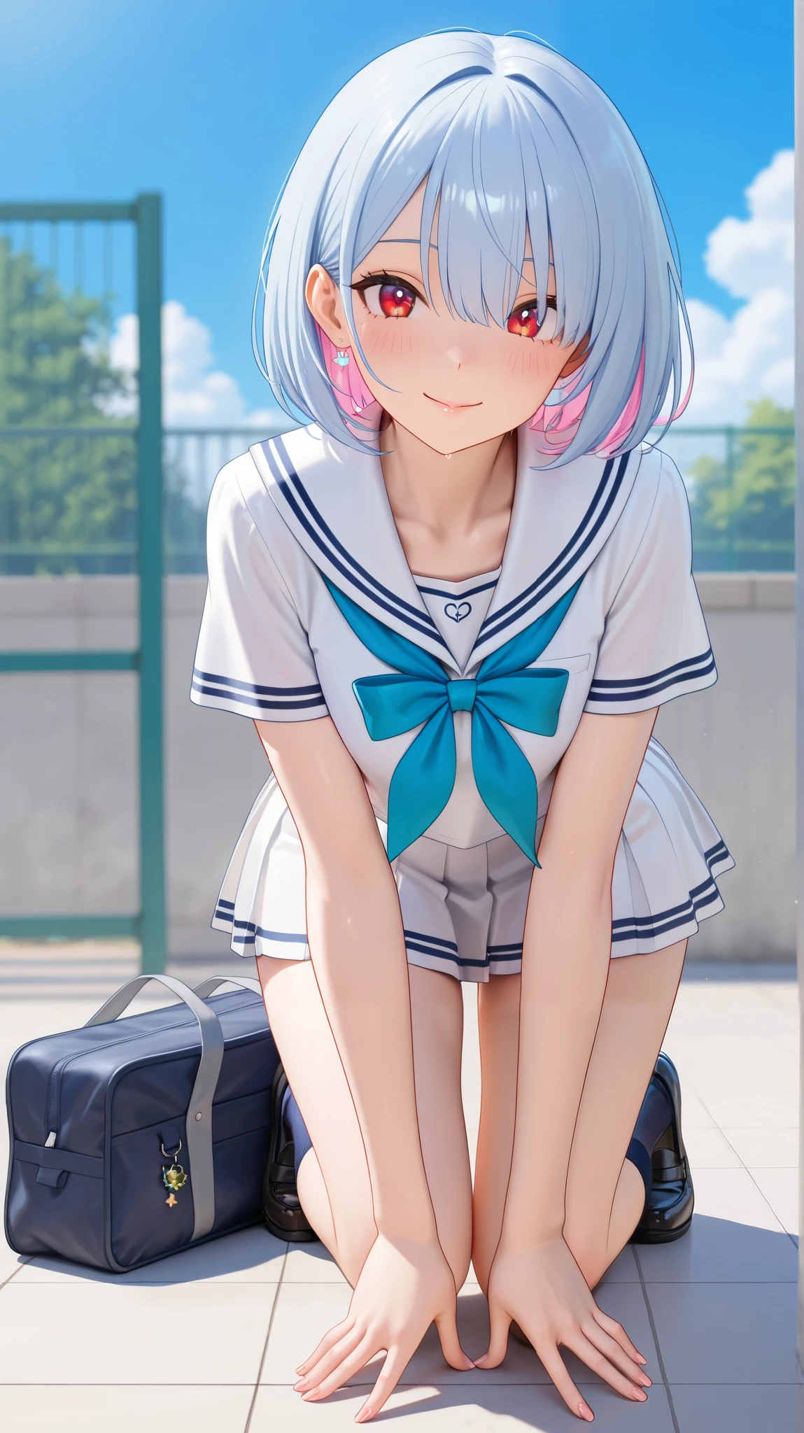 ( Ultra Detailed, masterpiece , top quality, 8k, very aesthetic, realistic and detailed CG , sharp concentration , Super Fine), full body,cute woman, ( school sailor suit that you can fan with a skirt) beautiful eye detail, textured skin, beautiful skin on hands, Long Lashes, red eyes, round eyes), ( beautiful hair with great attention to detail , one eye is hidden by bangs, bob hair, Light Blue Hair Color,pink inner hair color ), (smile), ( thin lips, beautiful feet,)school gate,Outside school