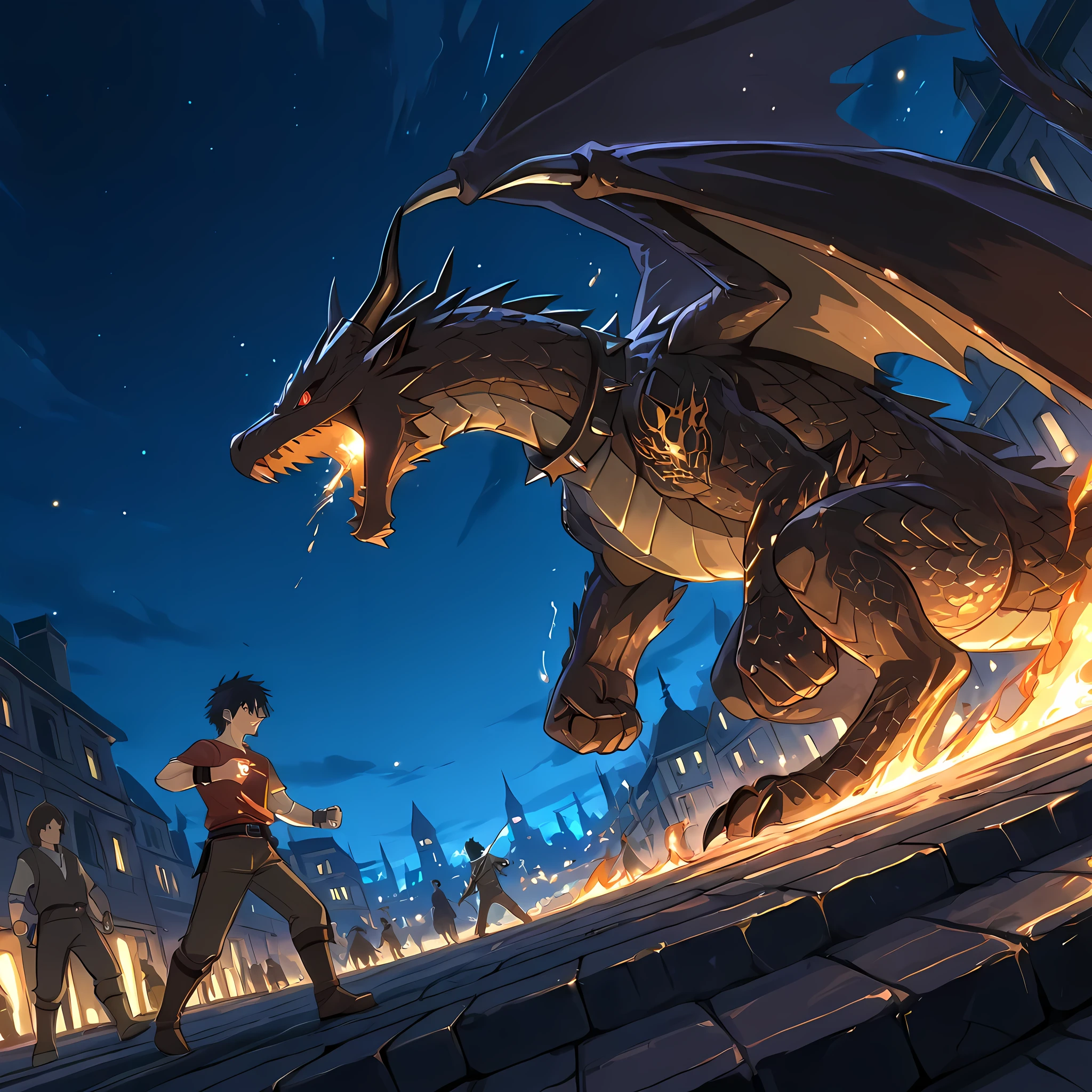 (a man similar to Gray Fullbuster, developed physique, worn red shirt tightening his chest, long brown pants, man clenching his fists and in battle pose, brown leather boots, spiked collar, red eyes, dragon tattoo on his right arm, bronze bracelets), ((fighting a dragon)), BREAK, ten meter tall crawling dragon in front of a man, ((destroying the medieval city anime style)), brown dragon with spikes on its back and purple eyes, dragon preparing black flames in its mouth, dragon with steel tail with spikes, dragon walking slowly towards the hero, fireflies around the dragon | (best image quality, masterpiece, Full HD, scenery rich in detail, color balance, night sky, city devastated by the battle against the dragon, people running in the distance, better shading, lighting balance), BREAK, ((a man against a dragon:1.5)), (counter-dive angle:1.4), focus on the dragon in epic anime fantasy style, epic scenery, spectator's point of view.