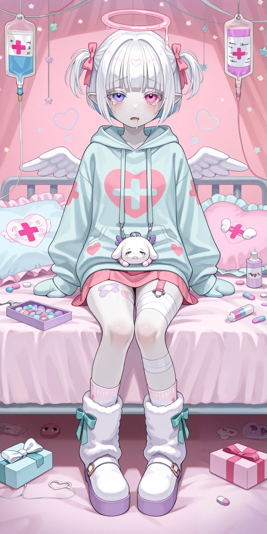 The girl is albino, she has white skin and slightly pointed ears, her eyes are indigo blue , and her eyelashes are white. She has short white hair short bob haircut and has small pigtails on the sides of her head. She is wearing a pastel pink/baby-blue/lilac oversized hoodie with long sleeves, white wool mini skirt,pastel pink/baby-blue/lilac and white socks and leggings with a set of badges, white ugg boots,mittens,bandages on the thigh.  She belongs to the Yamikawaii subculture, so her outfit is decorated with small bandaged wounded angel wings, symbols of medical crosses, eyeballs, hearts, stars, pills,medical bottles, ampoules with medicines, IV drip with tubes , dental models, band-aids, and toy syringes. On the background: a cute pastel pink/baby-blue/lilac medical ward with medical bed surrounded by plush pillows and open empty gift boxes, ribbons hang from the ceiling. she lies on the bed, drooling and crying.