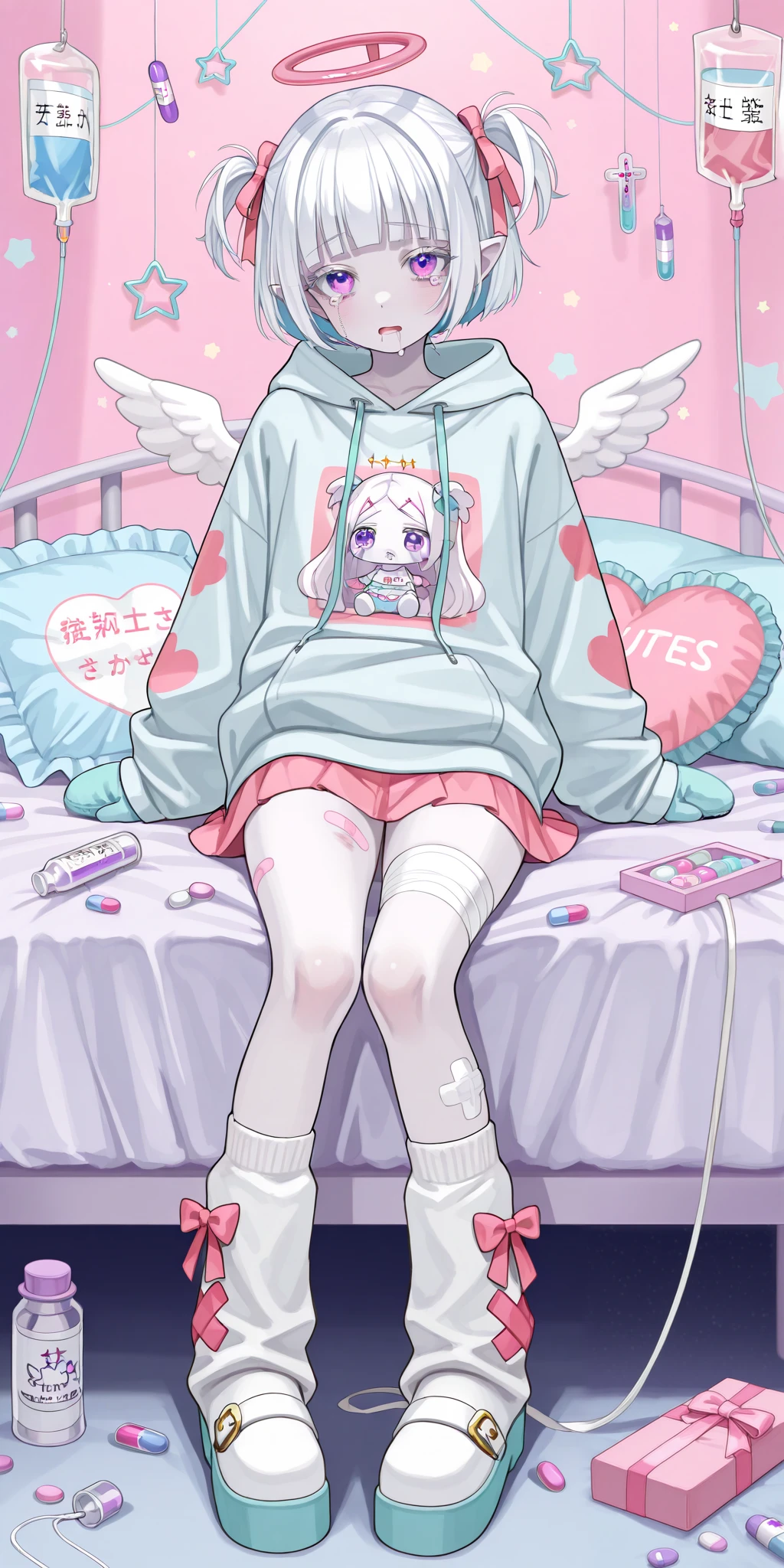The girl is albino, she has white skin and slightly pointed ears, her eyes are indigo blue , and her eyelashes are white. She has short white hair short bob haircut and has small pigtails on the sides of her head. She is wearing a pastel pink/baby-blue/lilac oversized hoodie with long sleeves, white wool mini skirt,pastel pink/baby-blue/lilac and white socks and leggings with a set of badges, white ugg boots,mittens,bandages on the thigh.  She belongs to the Yamikawaii subculture, so her outfit is decorated with small bandaged wounded angel wings, symbols of medical crosses, eyeballs, hearts, stars, pills,medical bottles, ampoules with medicines, IV drip with tubes , dental models, band-aids, and toy syringes. On the background: a cute pastel pink/baby-blue/lilac medical ward with medical bed surrounded by plush pillows and open empty gift boxes, ribbons hang from the ceiling. she lies on the bed, drooling and crying.