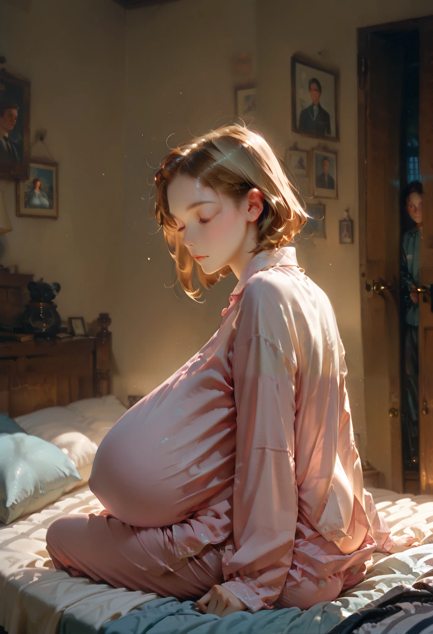 1 girl, ((gigantic breast)), short hair, middle hair, blue eyes, oversized clothes, long pants, long-sleeved pajamas, button up pajamas, bedroom, sleepy face, , sitting on large bed, (rubbing the sleep out of her eyes) (unaligned breasts) (art by norman rockwell), cute, oversized shirt (sagging breasts), (squishy breasts) (fallen breasts), (covered breasts:1.4) (from behind and to the side:1.3)
