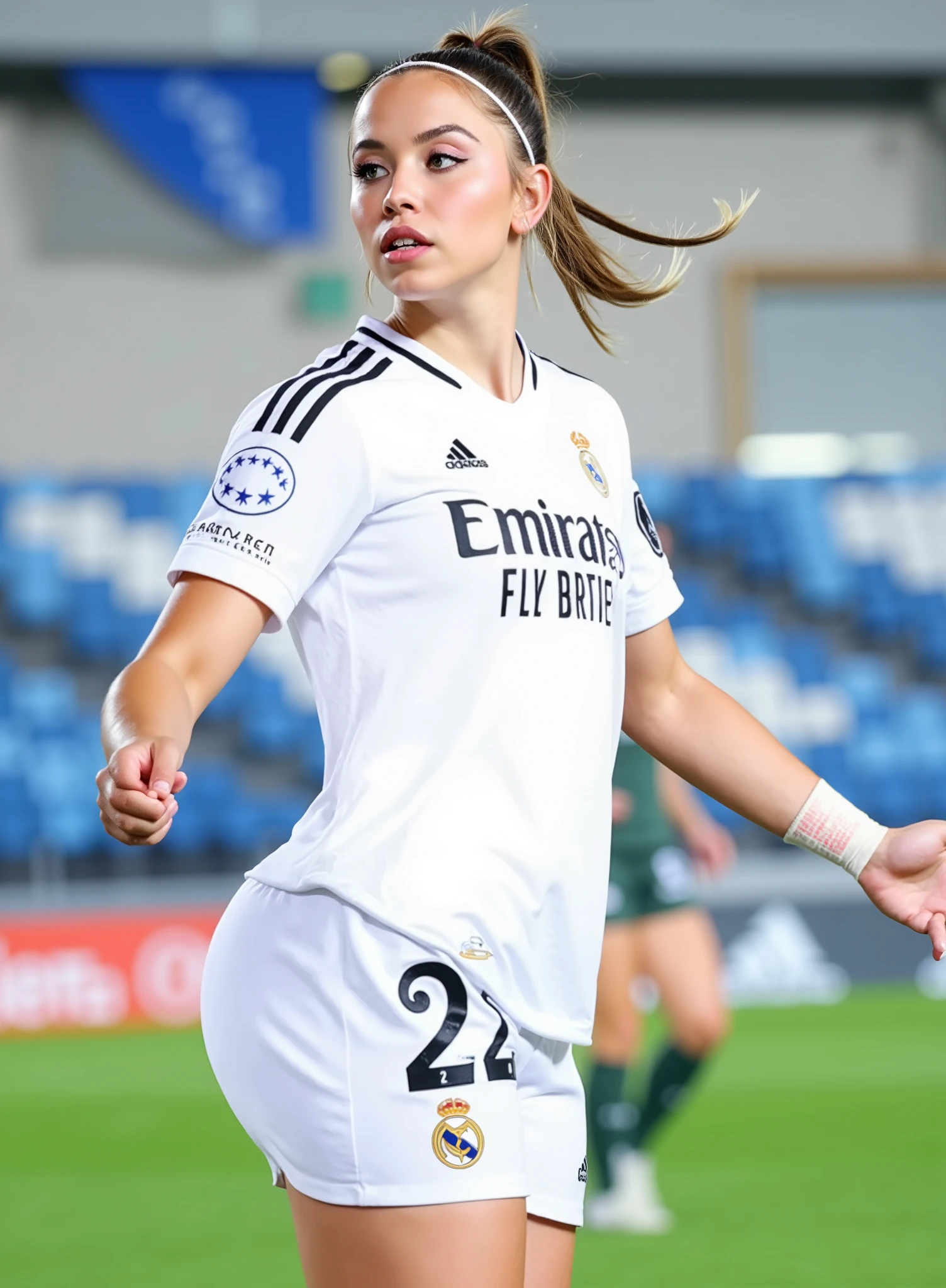 A stunning young blonde woman with a flawlessly toned physique stands confidently in a grand football stadium. She wears a sleek, form-fitting white sports uniform, accentuating her athletic figure and perfect rounded ass. Her long, golden hair cascades in soft waves, framing her sculpted face with piercing, determined eyes. The stadium lights cast a dramatic glow, highlighting the vibrant green turf beneath her feet. In the background, towering stands filled with blurred spectators create an electrifying atmosphere. The scene is captured with a cinematic ARRI ALEXA 65 feel, rich in depth and detail, evoking the intensity of a high-stakes match. TONED LEGS.