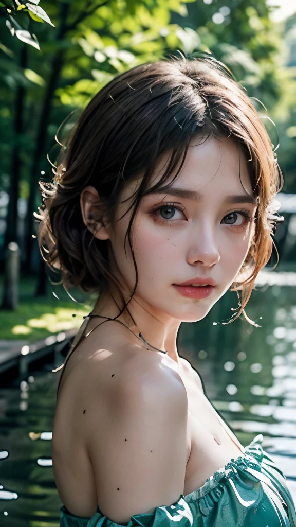 ( top quality, High resolution, masterpiece:1.2), Depth of field on the shoulder、 resolution 8k、 poodle toy、 Delicate Eyes、Breathtaking representation ,colored light、 Shimmering connections , flash 、lakeside、dark forest