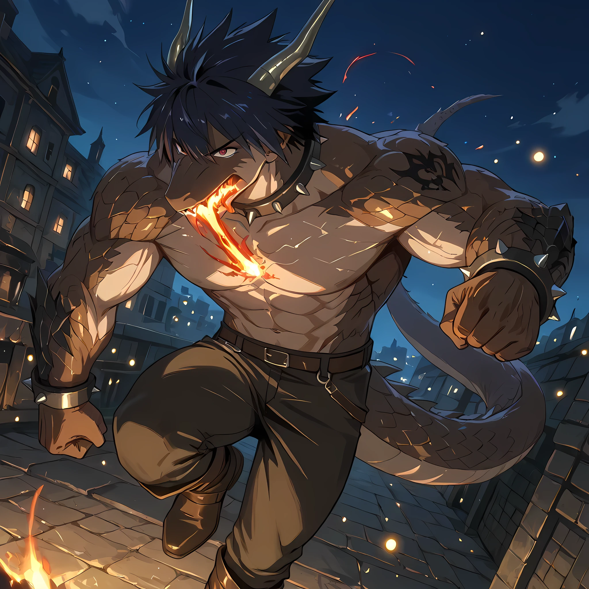 (a man similar to Gray Fullbuster, developed physique, worn red shirt tightening his chest, long brown pants, man clenching his fists and in battle pose, brown leather boots, spiked collar, red eyes, dragon tattoo on his right arm, bronze bracelets), ((fighting a dragon)), BREAK, (best image quality, masterpiece, Full HD, scenery rich in detail, color balance, night sky, city devastated by the battle against the dragon, people running in the distance, better shading, lighting balance), BREAK, ten meter tall crawling dragon in front of a man, ((destroying the medieval city anime style)), brown dragon with spikes on its back and purple eyes, dragon preparing black flames in its mouth, dragon with steel tail with spikes, dragon walking slowly towards the hero, fireflies around the dragon, (counter-dive angle:1.4), focus on the dragon in epic anime fantasy style, epic scenery, spectator's point of view.