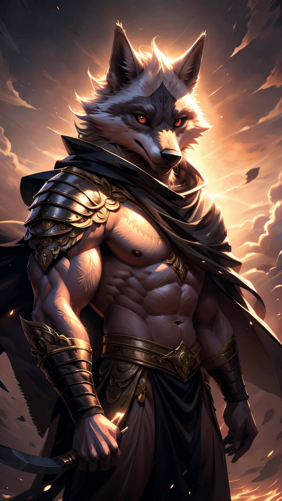 A full-body illustration of a furry art character inspired by Death from the Movie puss in boots, detail character, drawn in a high-quality anime style, The character is a muscular anthropomorphic Wolf with red-white fur, (Realistic eye details 1.2), sharp and authoritative eyes, and a confident yet elegant expression, He wears a highly detailed knight’s armor adorned with intricate engravings, gold and red accents, and a long flowing cape that billows majestically, His armor features ornate carvings that reflect the grace and grandeur of a noble warrior, He wields a massive sword with a complex design, its blade glowing with a mystical blue-gold energy, and its hilt adorned with a radiant gemstone, The background showcases a grand medieval castle bathed in the golden hues of a dramatic sunset, casting a warm glow on his armor, creating an epic lighting effect, Winds swirl around the character, causing his cape and hair to flow elegantly, The illustration is in a highly detailed anime style, featuring a rich and harmonious color palette, cinematic lighting effects, and finely textured details to create a breathtaking and visually stunning masterpiece, A close-up of highly detailed, realistic eyes in an anime-inspired furry art style, The eyes are sharp, vibrant, and expressive, with rich color depth and natural reflections. The irises have a smooth gradient, and the pupils are well-defined, creating a lifelike and captivating gaze, Soft lighting and subtle highlights enhance clarity, making the eyes stand out vividly