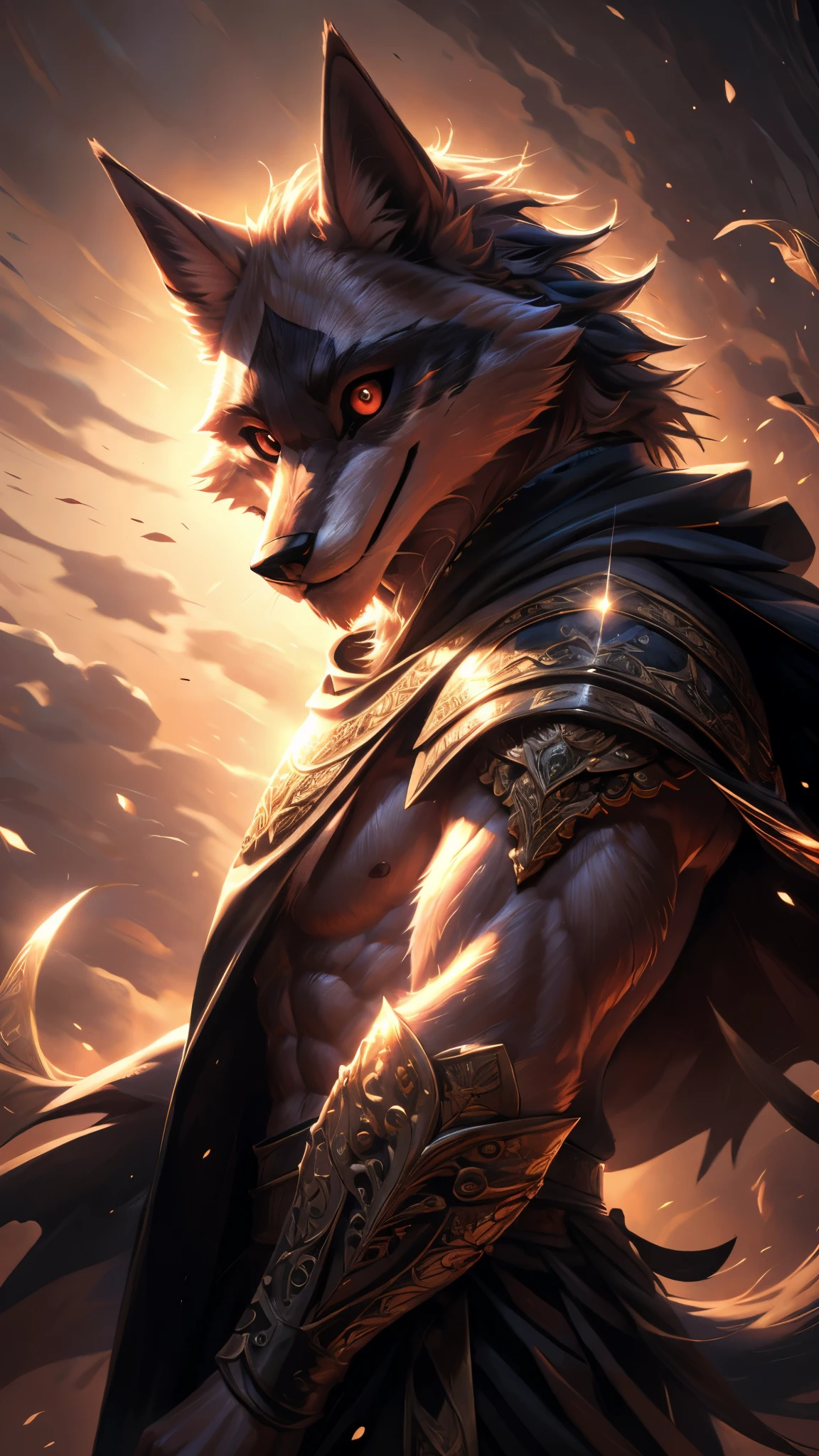 A full-body illustration of a furry art character inspired by Death from the Movie puss in boots, detail character, drawn in a high-quality anime style, The character is a muscular anthropomorphic Wolf with red-white fur, (Realistic eye details 1.2), sharp and authoritative eyes, and a confident yet elegant expression, He wears a highly detailed knight’s armor adorned with intricate engravings, gold and red accents, and a long flowing cape that billows majestically, His armor features ornate carvings that reflect the grace and grandeur of a noble warrior, He wields a massive sword with a complex design, its blade glowing with a mystical blue-gold energy, and its hilt adorned with a radiant gemstone, The background showcases a grand medieval castle bathed in the golden hues of a dramatic sunset, casting a warm glow on his armor, creating an epic lighting effect, Winds swirl around the character, causing his cape and hair to flow elegantly, The illustration is in a highly detailed anime style, featuring a rich and harmonious color palette, cinematic lighting effects, and finely textured details to create a breathtaking and visually stunning masterpiece, A close-up of highly detailed, realistic eyes in an anime-inspired furry art style, The eyes are sharp, vibrant, and expressive, with rich color depth and natural reflections. The irises have a smooth gradient, and the pupils are well-defined, creating a lifelike and captivating gaze, Soft lighting and subtle highlights enhance clarity, making the eyes stand out vividly
