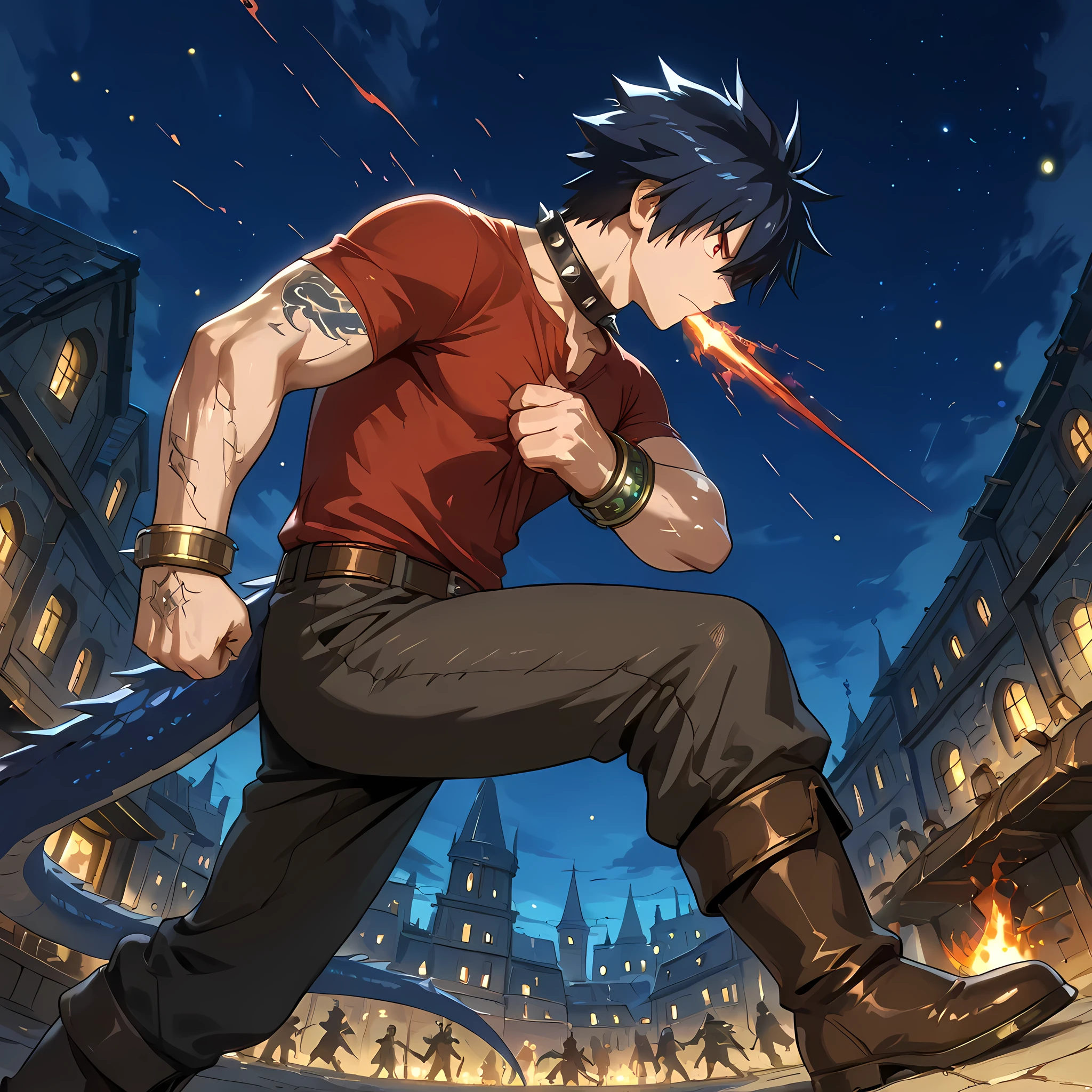 (a man similar to Gray Fullbuster, developed physique, worn red shirt tightening his chest, long brown pants, man clenching his fists and in battle pose, brown leather boots, spiked collar, red eyes, dragon tattoo on his right arm, bronze bracelets), ((fighting a dragon)), BREAK, (best image quality, masterpiece, Full HD, scenery rich in detail, color balance, night sky, city devastated by the battle against the dragon, people running in the distance, better shading, lighting balance), BREAK, ten meter tall crawling dragon in front of a man, ((destroying the medieval city anime style)), brown dragon with spikes on its back and purple eyes, dragon preparing black flames in its mouth, dragon with steel tail with spikes, dragon walking slowly towards the hero, fireflies around the dragon, (counter-dive angle:1.4), focus on the dragon in epic anime fantasy style, epic scenery, spectator's point of view.