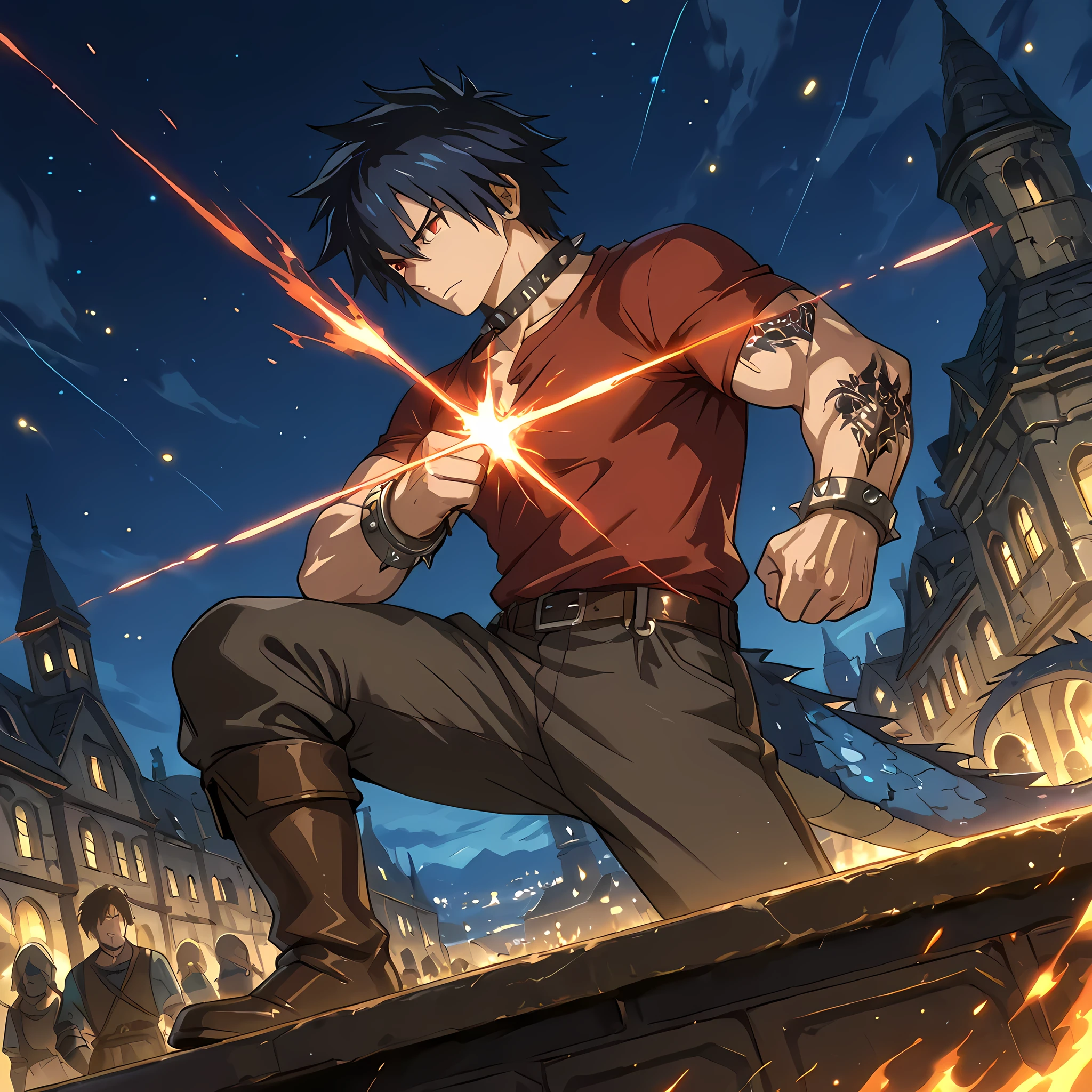 (a man similar to Gray Fullbuster, developed physique, worn red shirt tightening his chest, long brown pants, man clenching his fists and in battle pose, brown leather boots, spiked collar, red eyes, dragon tattoo on his right arm, bronze bracelets), ((fighting a dragon)), BREAK, (best image quality, masterpiece, Full HD, scenery rich in detail, color balance, night sky, city devastated by the battle against the dragon, people running in the distance, better shading, lighting balance), BREAK, ten meter tall crawling dragon in front of a man, ((destroying the medieval city anime style)), brown dragon with spikes on its back and purple eyes, dragon preparing black flames in its mouth, dragon with steel tail with spikes, dragon walking slowly towards the hero, fireflies around the dragon, (counter-dive angle:1.4), focus on the dragon in epic anime fantasy style, epic scenery, spectator's point of view.