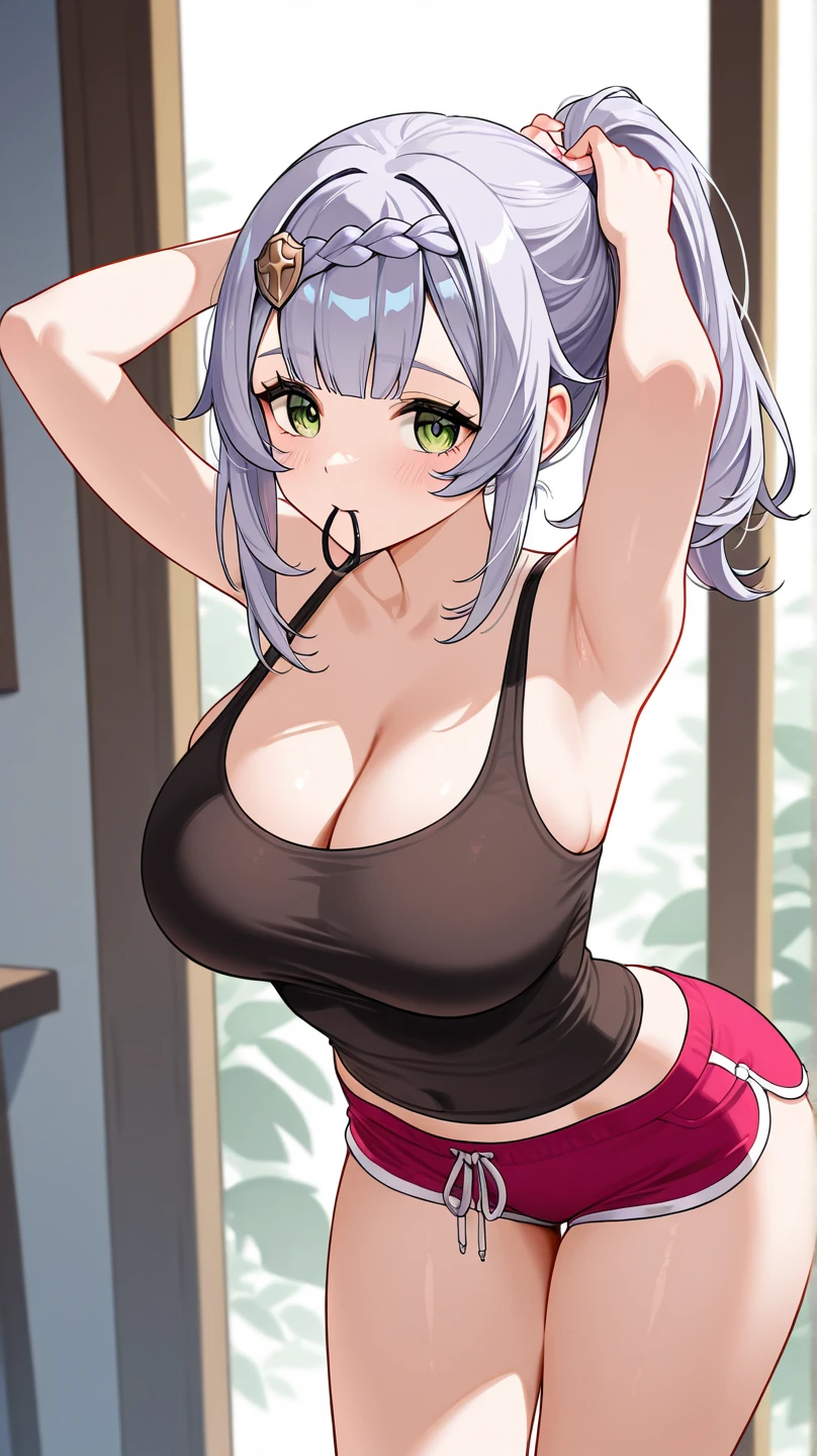 all intricate details, cientificamente: perfect body, girl 1, (masterpiece, best quality:1.2), illustration, solo, 1girl view, short hair, white hair, green eyes, short green blazer, black miniskirt, detailed background, looking at viewer, hair ornaments, indoors, sexy pose, front angle