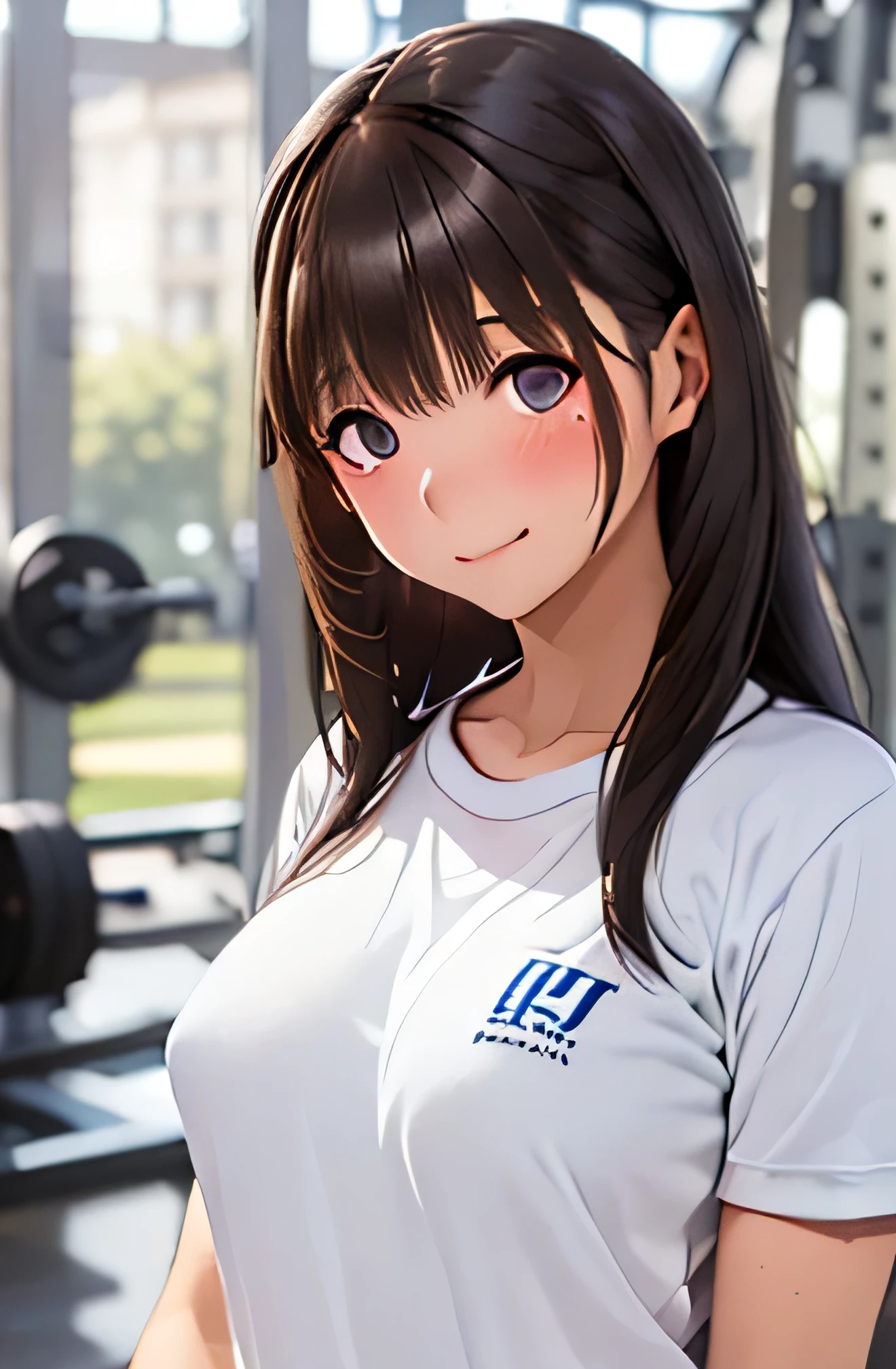 ((1 girl,solo))((black brown hair,long hair))(((buruma), dark blue buruma, school, gym shirts, white shirts, white t-shirts, short sleeves, gym uniform))((thigh))((indoor))((standing))((v-shaped eyebrows))((half closed eyes))((sharp eyes))((sweat,blush,closed mouth))((sweat skin))((medium breasts))((swollen nipples:1.3))