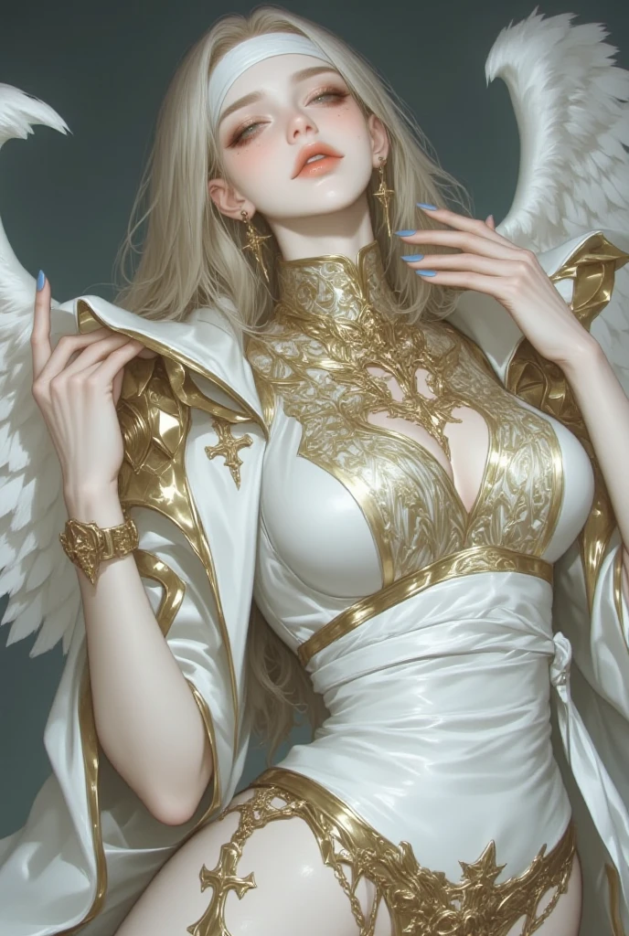 (masterpiece, top quality, best quality, official art, beautiful and aesthetic:1.2), woman, nsfw, extremely detailed, fractal art, colorful, highest detailed, zentangle, (abstract background:1.3), fidus style, (1woman:1.5), (golden birds), silver hair, bright eyes, hair slicked back, short hair, black robe, upper body, detailed eyes