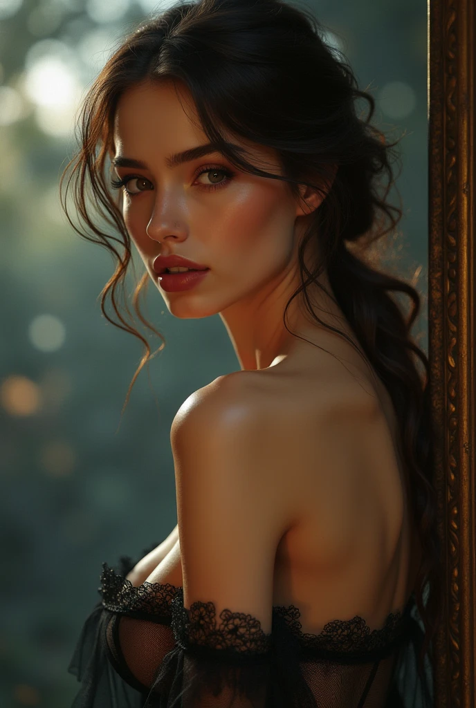 (((ultra realistic))) Photo, masterpiece, top quality, (pale skin), (Ultra detailed face and eyes:1.3), Indian 1 girl, in a beautiful black(goldon embroidery)dress, (Eye makeup, mascara) , (a close up portrait of a beautiful woman with long brown messy bun, curly hair), wearing a black dress, gorgeous detailed face, extremely beautiful delicate features, piercing eyes, luscious lips, flawless skin, stunning portrait, high quality, cinematic lighting, photorealistic, masterpiece, dramatic depth of field, soft elegant expression, elegant and serene, professional portrait photography, beautiful model, gorgeous female portrait, incredible realismof field, bokeh, (special attention to skin detail: 1.2), Detailed leather texture, skin pores. (Airy atmosphere of the frame), UDR, ((Film grain)), ((rays)), ((Glare)), ((side angle portrait, viewing towards the camera)) , ultra detailed, KISSING:1.1