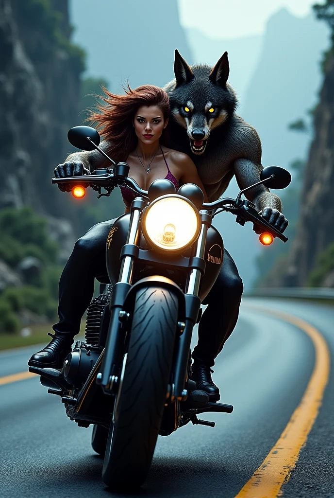 Full view 8k wearing shorts, pink corset top riding on a Full view a beautiful motorbike with a white wolf and teal and silver flames on it number plate saying SAPPHIRE on it with the sapphire gem either side into the sunset