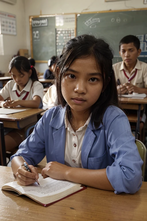 Beside view. Sexy Burmese school girl. 14 years old. cutest face and body. sexy body. sexy Myanmar school girl. sitting on the chair and writing a letter on the table in the classroom. looks at the latter. her hands are hanging a pen. all body parts view. longer hair. black hair. the sun is shining crossing the window beside. detail texture. realistic vision. natural photo.