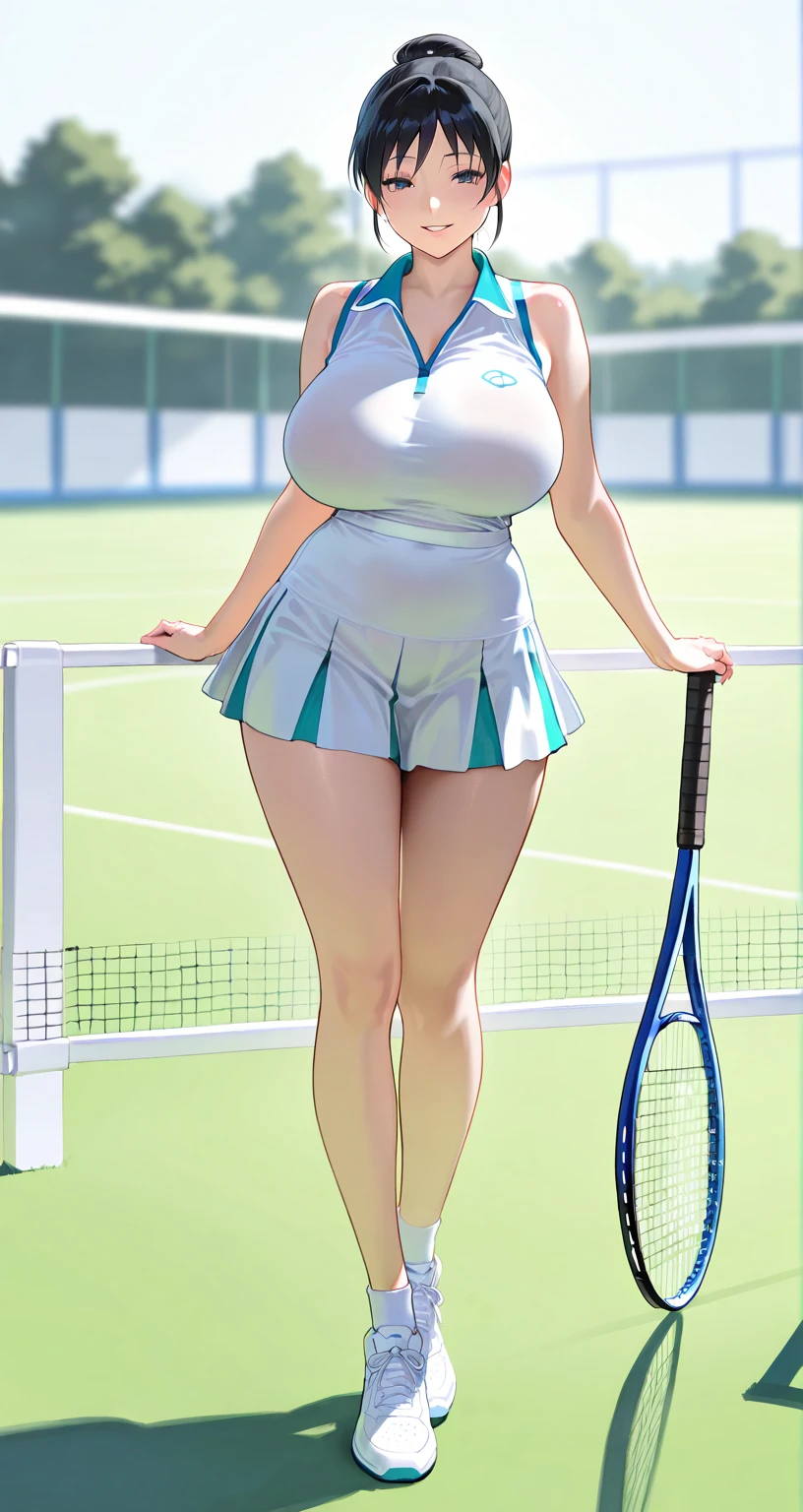 Maisie Williams, masterpiece quality, realistic, lots of detail, 1girl, solo, alone, (alone:1.9), beautiful sunny day, beautiful clouds in sky, on a tennis court, wearing a tennis uniform, wearing cop top, midriff, wearing short pleated skirt, big breasts, (big breasts:1.3), lots of cleavage, chubby belly, (chubby belly:1.1), chubby body, sexy pose, seductive face,  empty hands, 