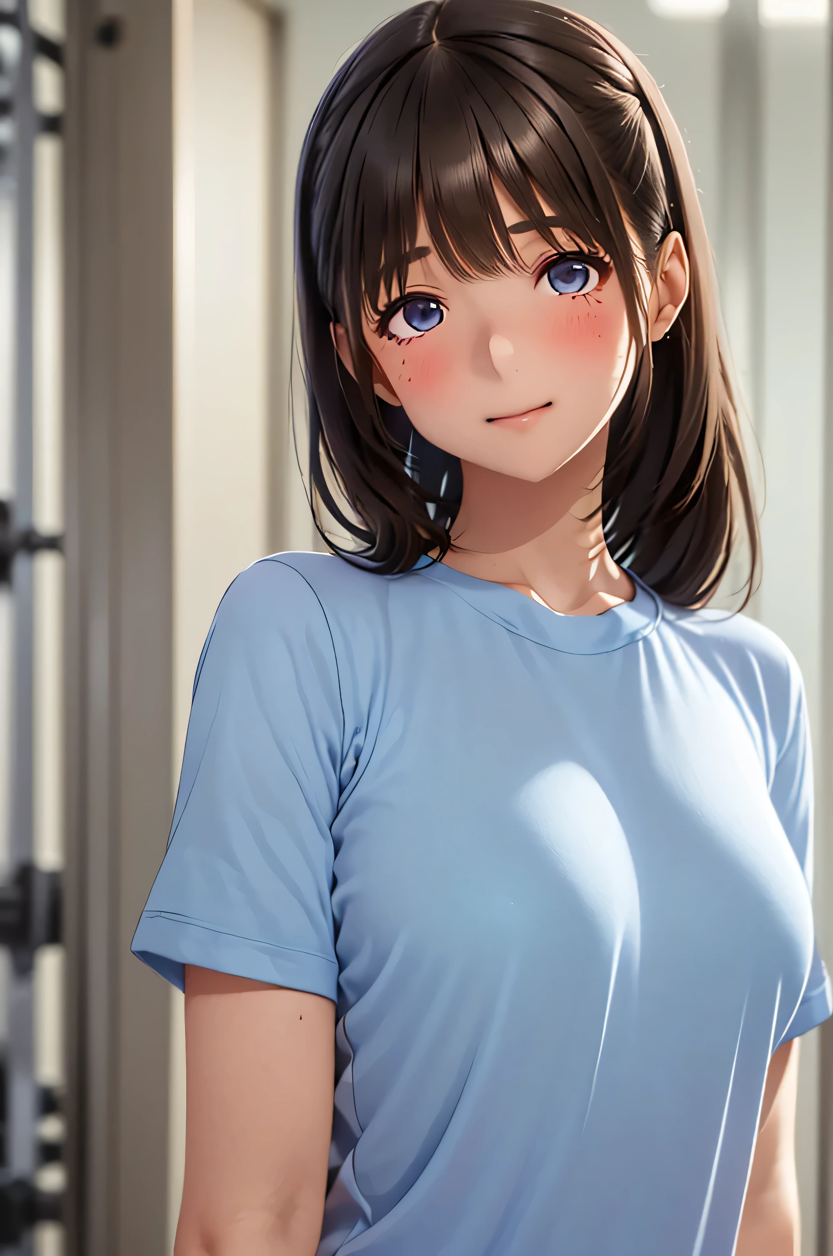 ((1 girl,solo))((black hair,ponytail,long hair))(((buruma), dark blue buruma, school, gym shirts, white shirts, white t-shirts, short sleeves, gym uniform))((thigh))((indoor))((standing))((v-shaped eyebrows))((half closed eyes))((sharp eyes))((sweat,blush,closed mouth))((sweat skin))((medium breasts))((swollen nipples:1.3))