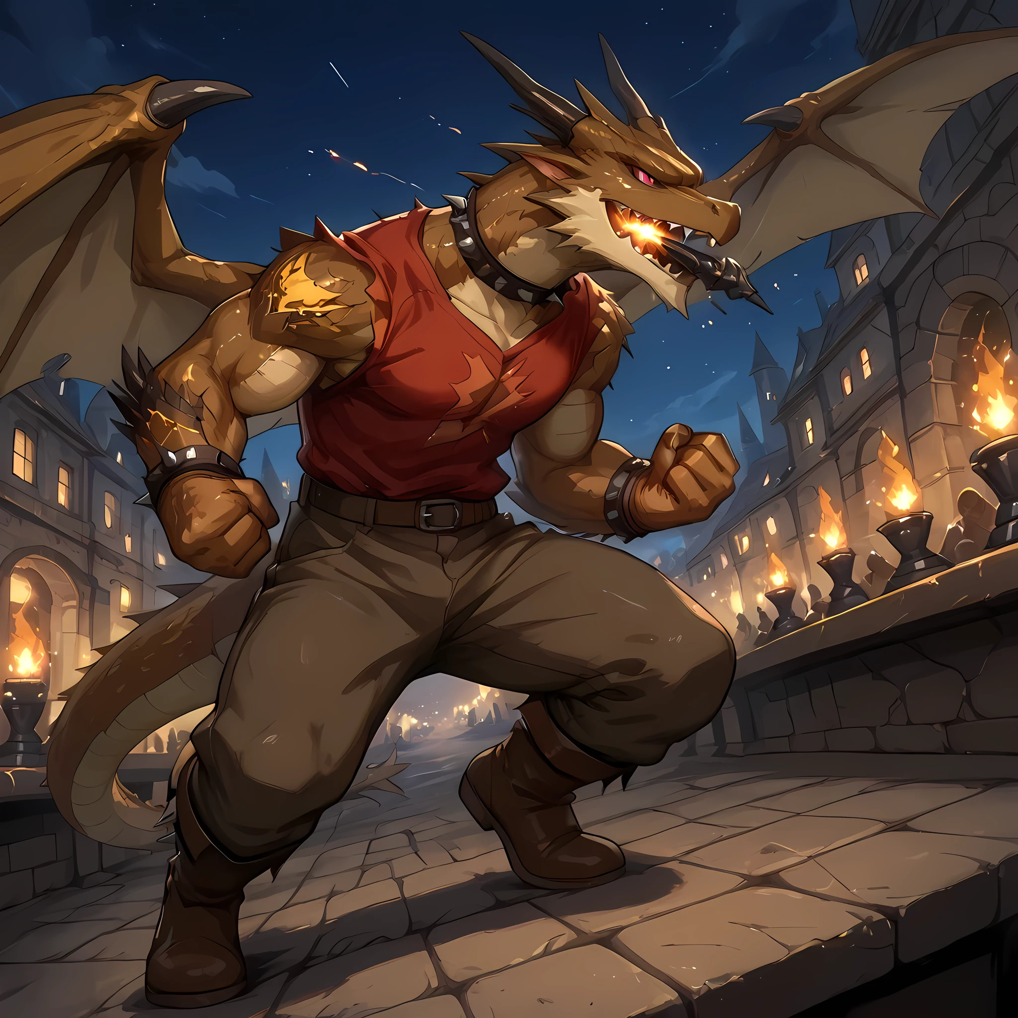 (a man similar to Gray Fullbuster, developed physique, worn red shirt tightening his chest, long brown pants, man clenching his fists and in battle pose, brown leather boots, spiked collar, red eyes, dragon tattoo on his right arm, bronze bracelets), ((fighting a dragon)) | (best image quality, masterpiece, Full HD, scenery rich in detail, color balance, night sky, city devastated by the battle against the dragon, people running in the distance, better shading, lighting balance), BREAK, ten meter tall crawling dragon in front of a man, ((destroying the medieval city anime style)), brown dragon with spikes on its back and purple eyes, dragon preparing black flames in its mouth, dragon with steel tail with spikes, dragon walking slowly towards the hero, fireflies around the dragon, (counter-dive angle:1.4), focus on the dragon in epic anime fantasy style, epic scenery, spectator's point of view.