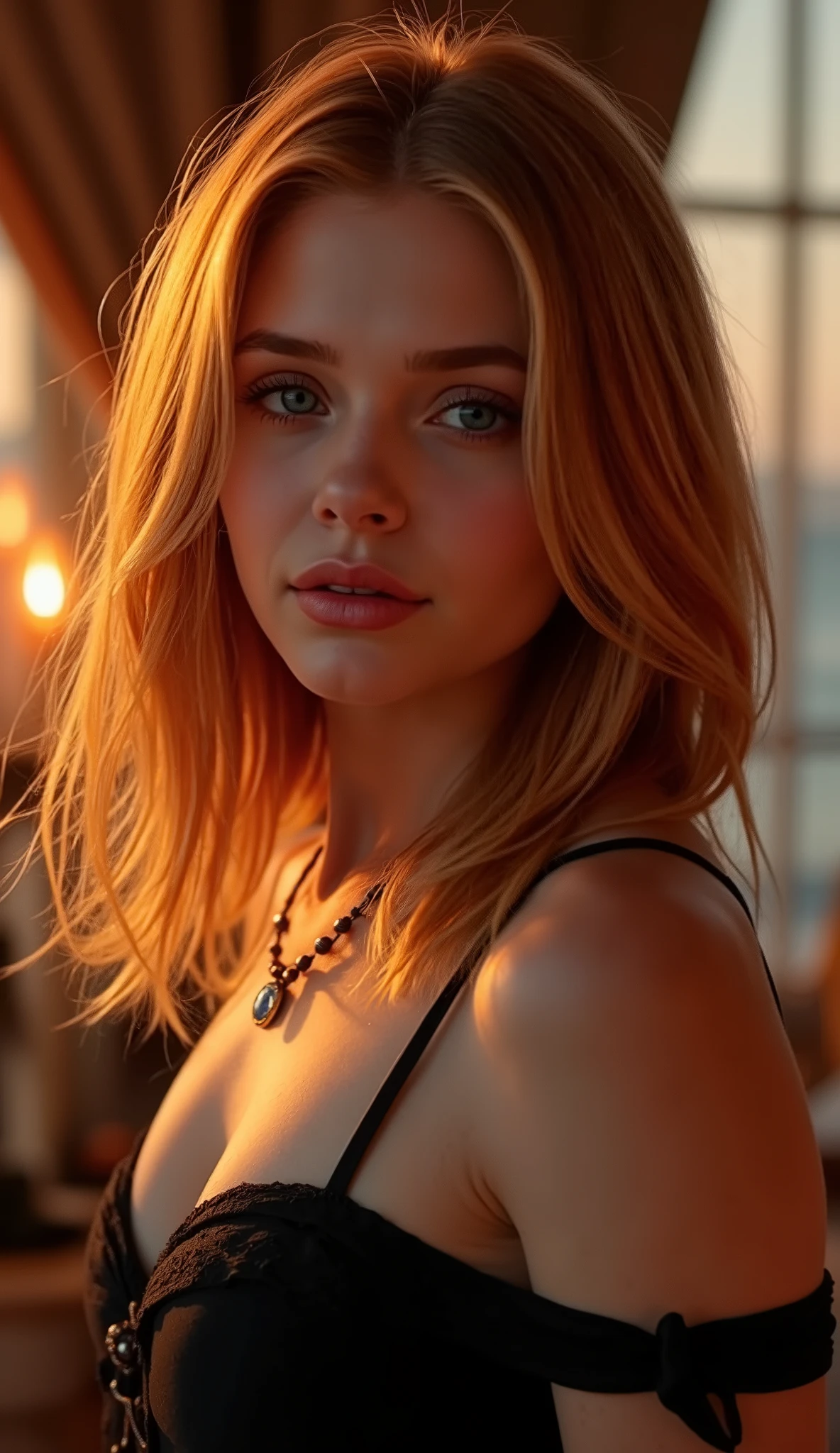 🌟 quality & silent: whole head down to below the chest, three sided view, masterpiece, 8k, ultra high resolution, Gothic art, very detailed, natural lighting, SLR lighting, SLR camera , Fujifilm XT3, film grain, Sharp concentration, perfect lighting. 🌌 Scene & background: different backgrounds: A romantic sunset on a yacht, with warm, golden hues . A dark, mysterious forest with moonlight, that falls through the trees. A luxurious bedroom with candlelight and silky curtains. Ein urbaner background mit Neonlichtern und regennassen Straßen. 😈 model & Styling: wild young girl, Fiery red hair, various hairstyles such as smooth shiny bob haircut, which in various Poses fall loose or styled are, and bright blue eyes , glowing blue eyes, She is wearing a lightweight, silk corset with deep neckline. 🔥 Pose & Mood: Different poses ( direct , front, looking to the side ) and angle of view (from the side, from above, from below), Different sensual facial expressions: she looks directly at the camera , with a seductive smile and half-closed eyes. She opens her lips slightly, with a playful and tempting look. She tilts her head slightly to the side, with a dreamy and sensual expression. She looks over her shoulder, with a mysterious and intense look. Die Mood ist sinnlich, seductive and full of emotions. 💋